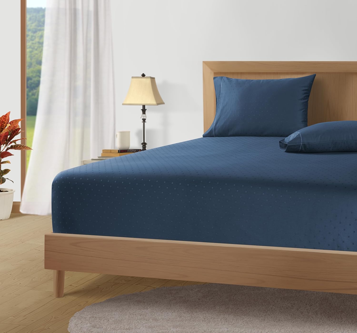 LANE LINEN 100% Egyptian Cotton Bed Sheets - 4PC Calking Sheets Set, Long Staple Cotton Bedding Sheets, Luxury Hotel Sheets, Fits Upto 16" Mattress, Swiss Dot - Estate Blue