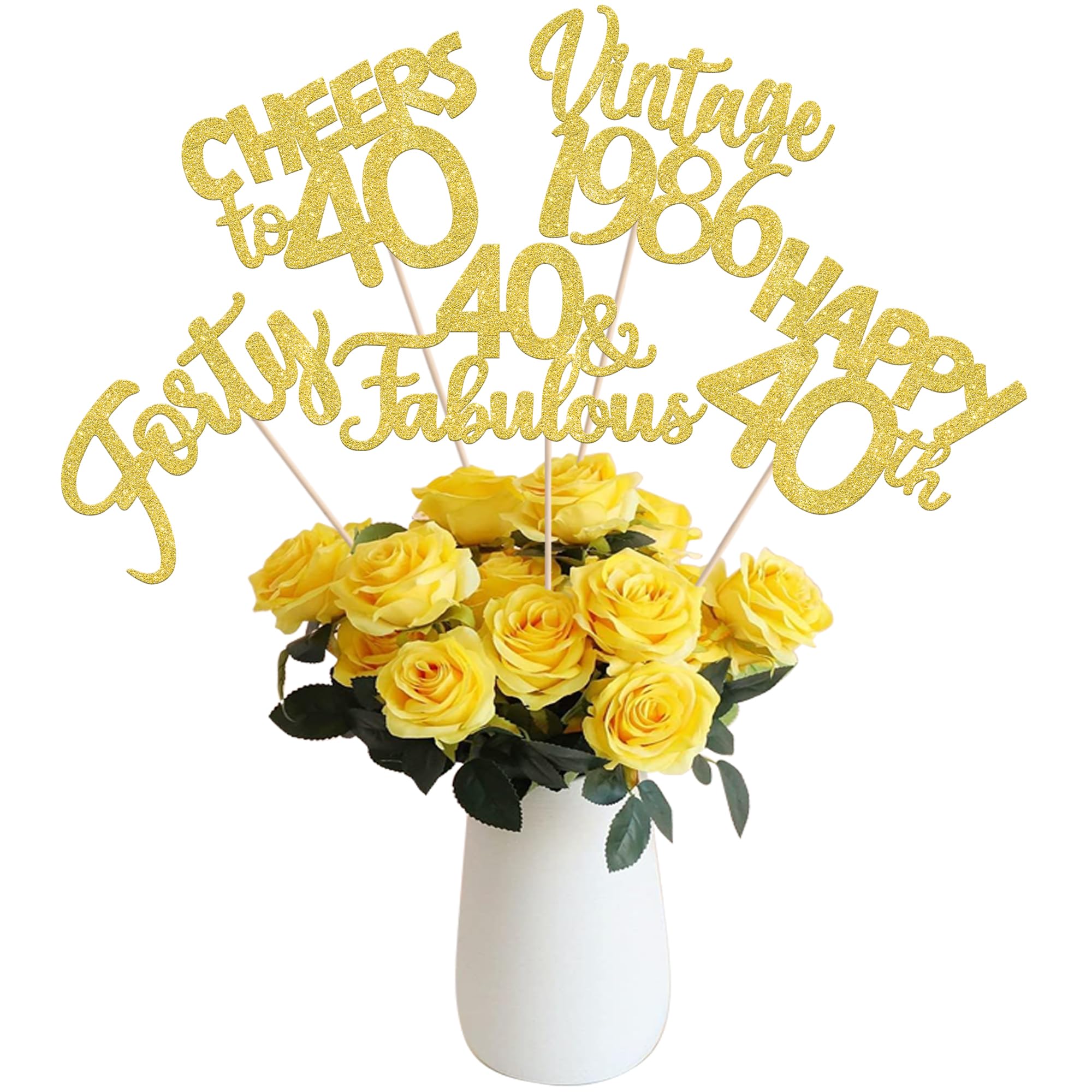 15 PCS 40th Birthday Centerpiece Sticks Double Sided Forty Happy 40th Vintage 1986 Table Flower Centerpieces Sticks Cheers to 40 Fabulous Floral Decorations for 40th Birthday Party Supplies Gold