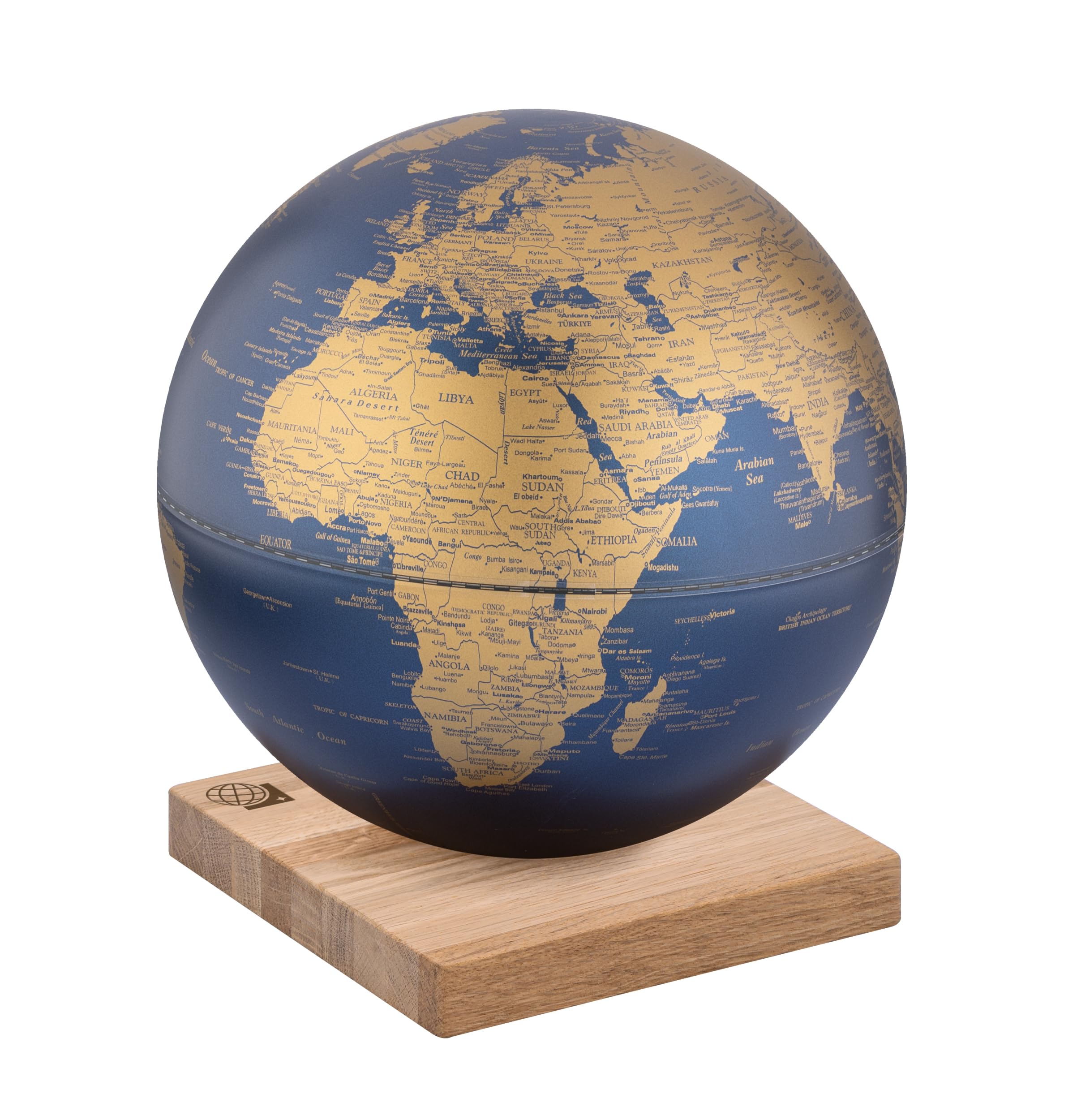 TROIKA Globus blau gold mit 25 cm Durchmesser EXPLORER 360° auf magnetischem Sockel aus FSC-zertifiziertem Eichenholz Material aus Eichenholz und Kunststoff dunkelblau und goldfarben
