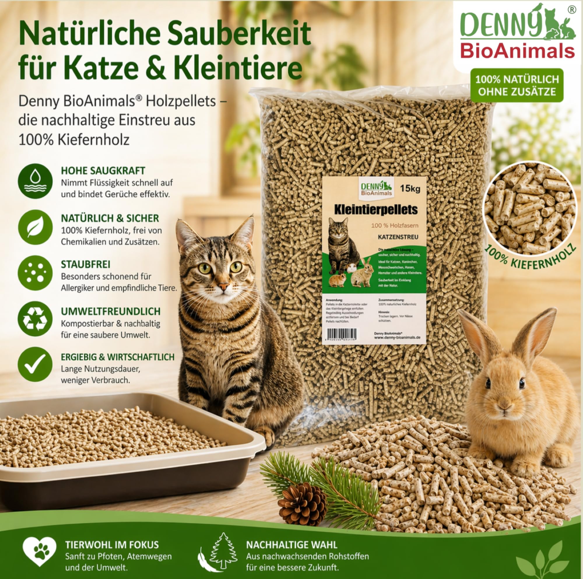 Kleintierstreu, Katzenstreu Holzpellets 30 kg (46 L) – 100% natürliche Einstreu für Katzen, Kaninchen, Hamster & Meerschweinchen – Staubfrei, Saugstark, Geruchsbindend, Kiefernholz