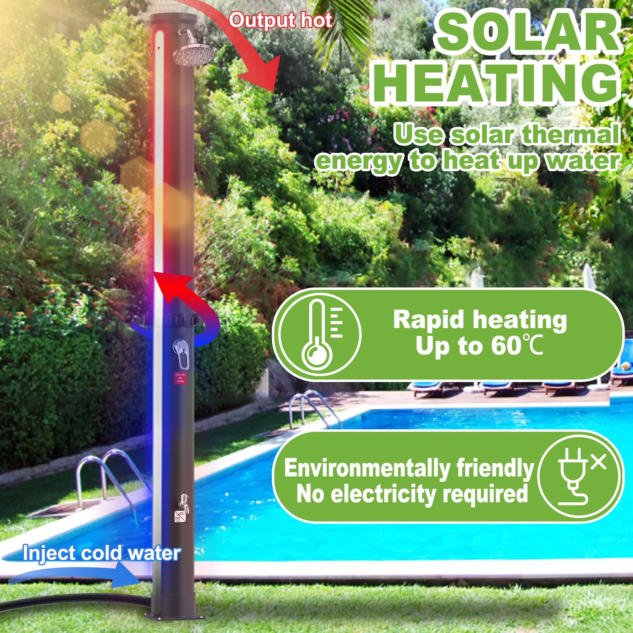 Froadp 35L Solarny System Prysznicowy do Ogrodu Temperatura Wody do 60℃ Prysznic Solarny z Obracającą się o 180° Głowicą Deszczową i Podłączenie Węża Ogrodowego Prysznic Basenowy (Srebrny)
