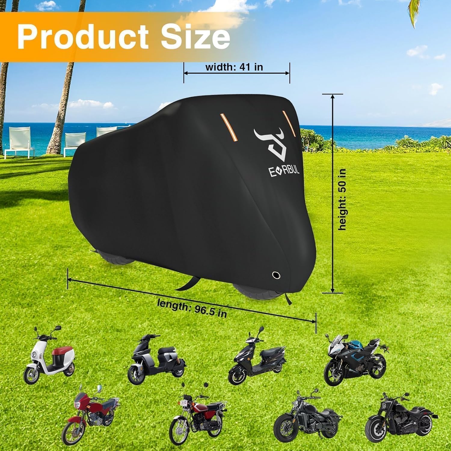 Universal All Season Motorcycle Cover Heavy Duty 420D Outdoor Motorbicycle Sun Cover Protection Moped Cover with Lock-Holes Night Reflective & Storage Bag Fits up to 96.5" Motorbike Vehicle