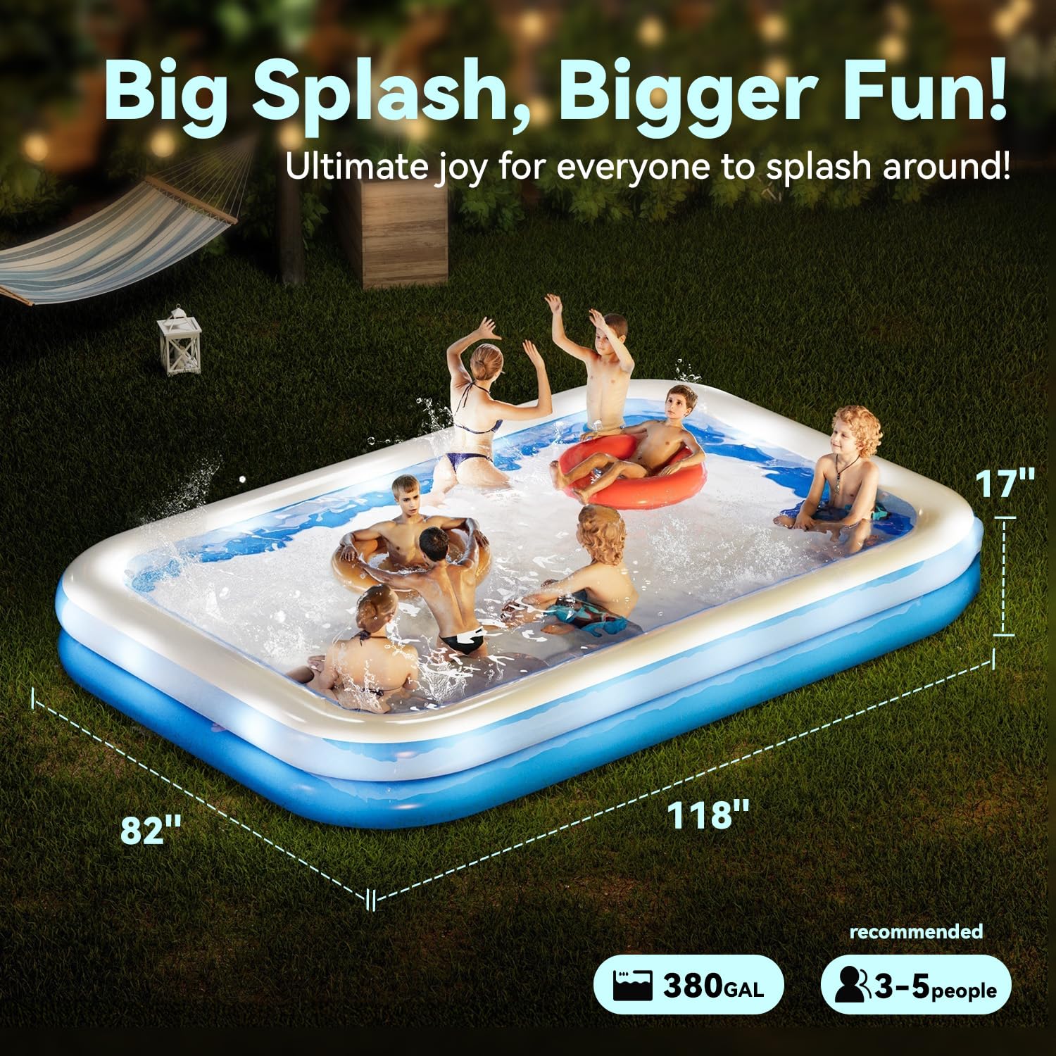 Large Inflatable Pool with Lights, 118