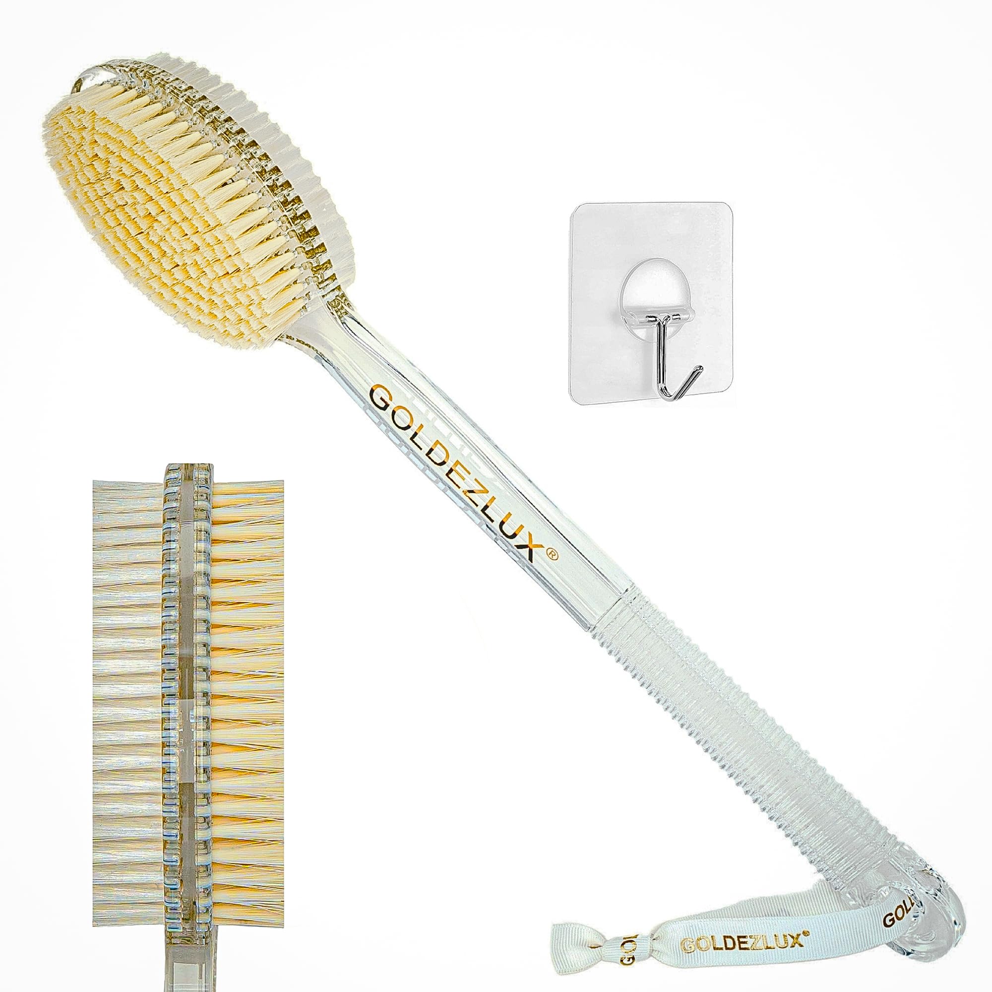 GOLDEZLUX® Body Brush Dual-Sided Shower Brush Back Scrubber, Premium Medium Soft and Stiff Bristles Wet or Dry Brushing, Perfect Durable Non-Slip Long Handle Bath Brush 17-inch (Clear Dual) PROMOTION!