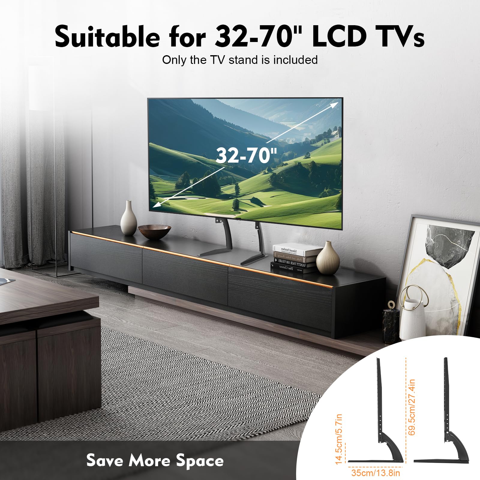 Supporto da tavolo per TV, altezza regolabile per TV fino a 35 kg (77 lbs) – Supporto per TV in acciaio, girevole e inclinabile (nero)