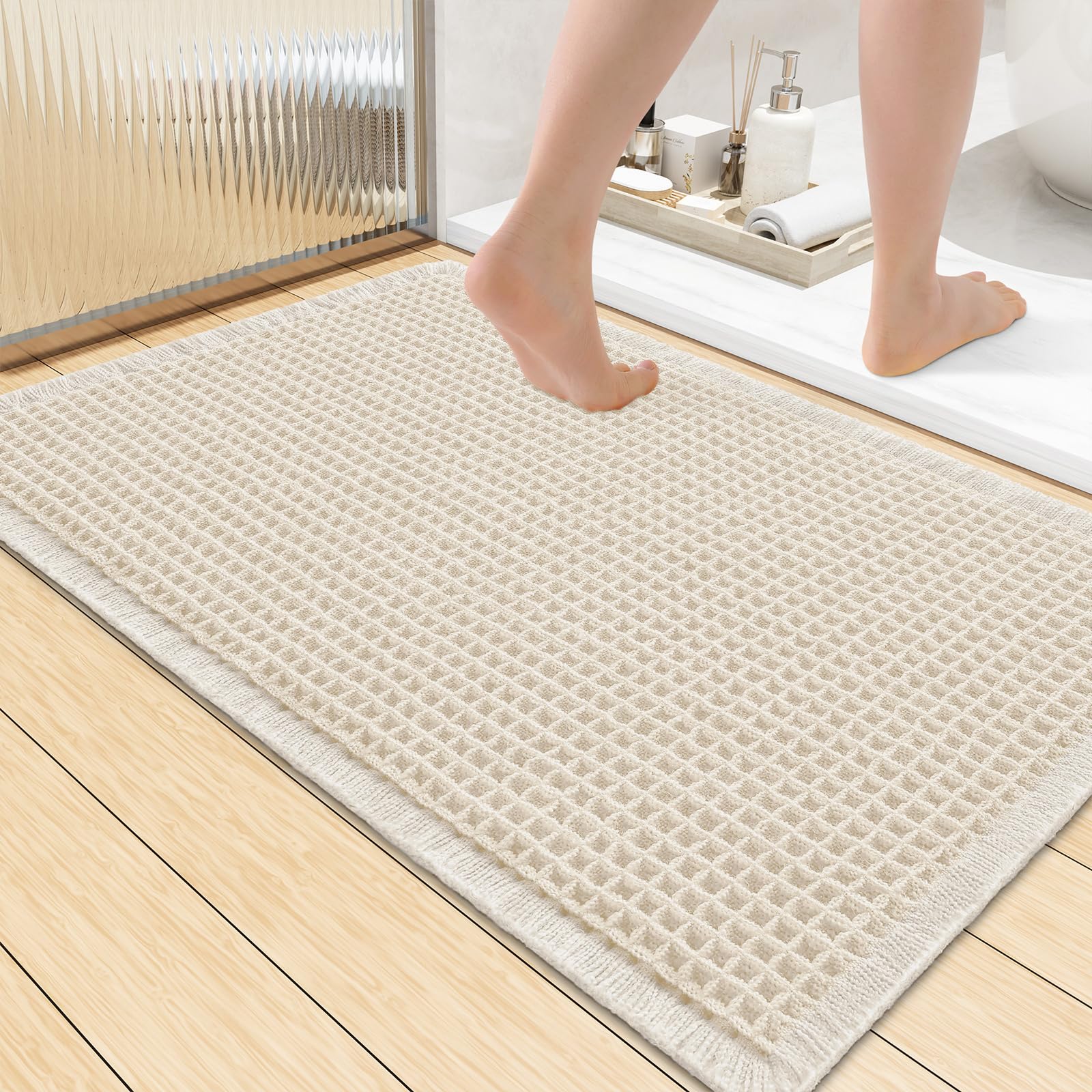 Smiry Waffle Bath Mat 36X24, Soft Absorbent Bathroom Rugs, Cream Beige
