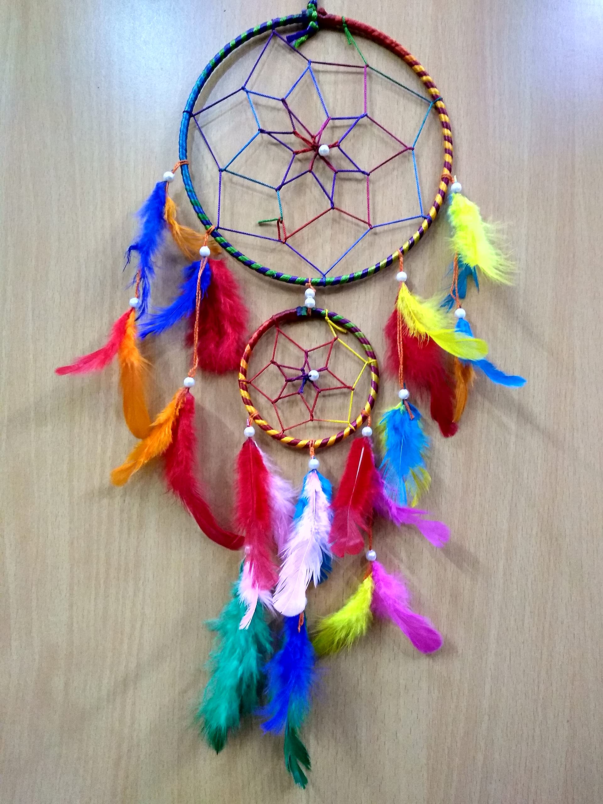 FIKIMOS Dream Catchers Wall Decor, Handmade Feather Bedroom Home Car Decor Nursery Room Hanging Decoration (Multicolor Two Ring)