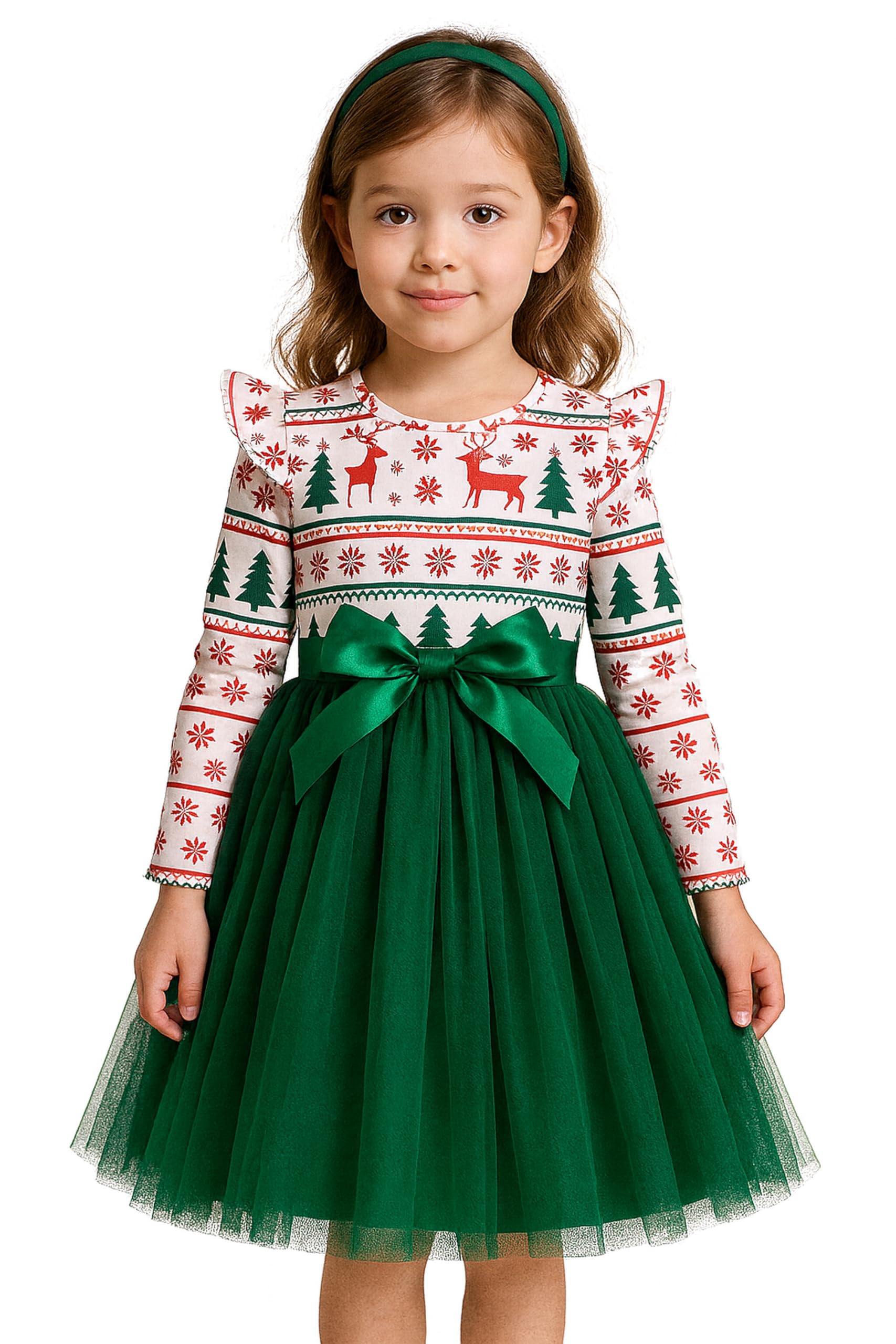 es-uk Girls Christmas Dress Long Sleeve Reindeer Snowflake Print Top with Green Tulle Skirt & Bow