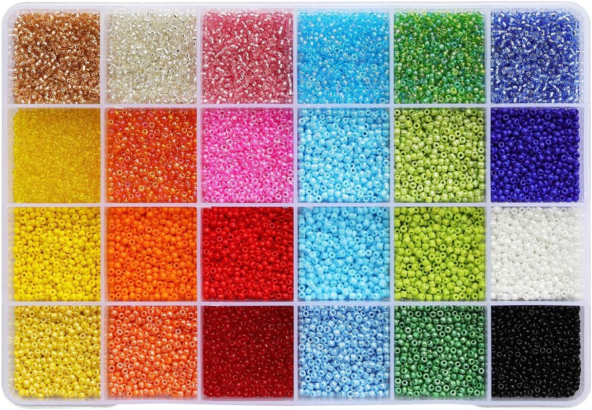 BALABEAD Size 2mm Seed Beads About 24000pcs in Box Multicolor Assortment 12/0 Glass Seed Beads Small Seed Beads for Jewelry Making (1000pcs/Color, 24 Colors)