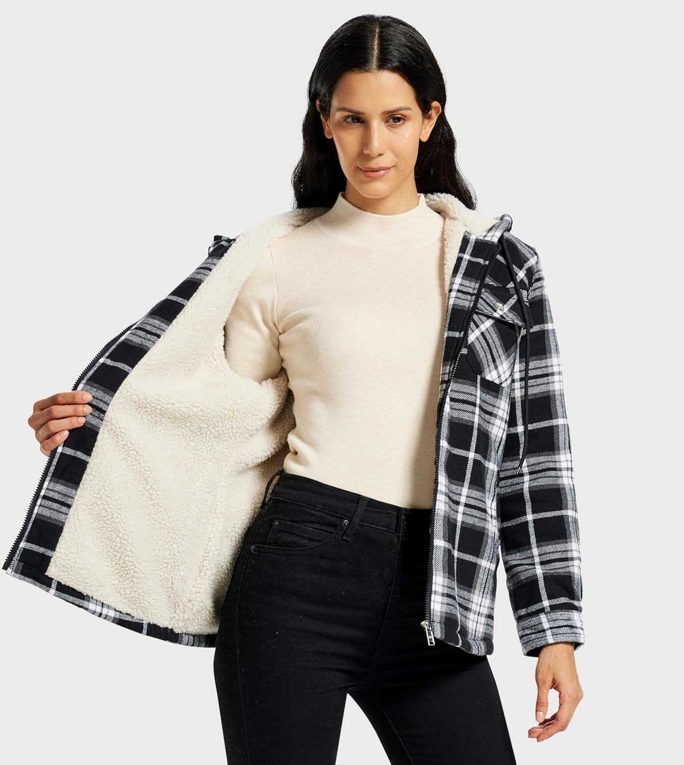 MoFiz Women's Fleece Zip Up Hoodie Flannel Plaid Hoodie Winter Warm Casual Sweatshirts With Pocket - Image 2