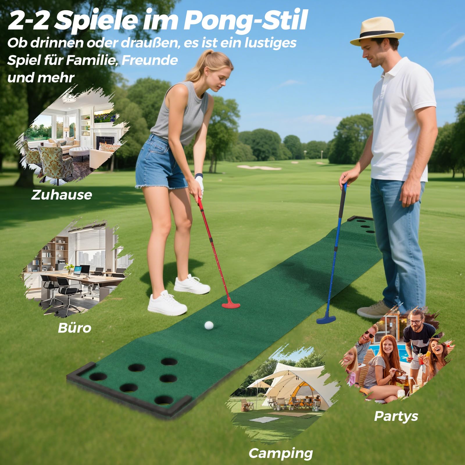 GOPLUS Puttingmatte Set, Golf Trainingshilfen mit verstellbaren Puttern, Bällen, Lochabdeckungen, Golftrainermatte mit Tragetasche, für Zuhause und Büro, für Party, Familie & Freunde