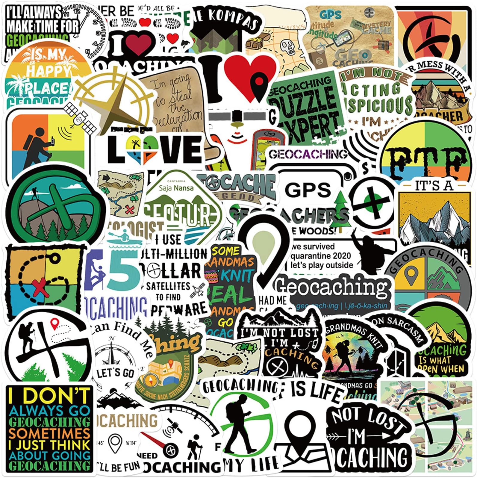 50 PCS Outdoor Geocaching Stickers Geocacher Geocache Waterproof Vinyl Decals for Water Bottles Bicycle Laptop Refrigerator Luggage Computer Mobile Phone Skateboard Bike Décor for Adults Teens