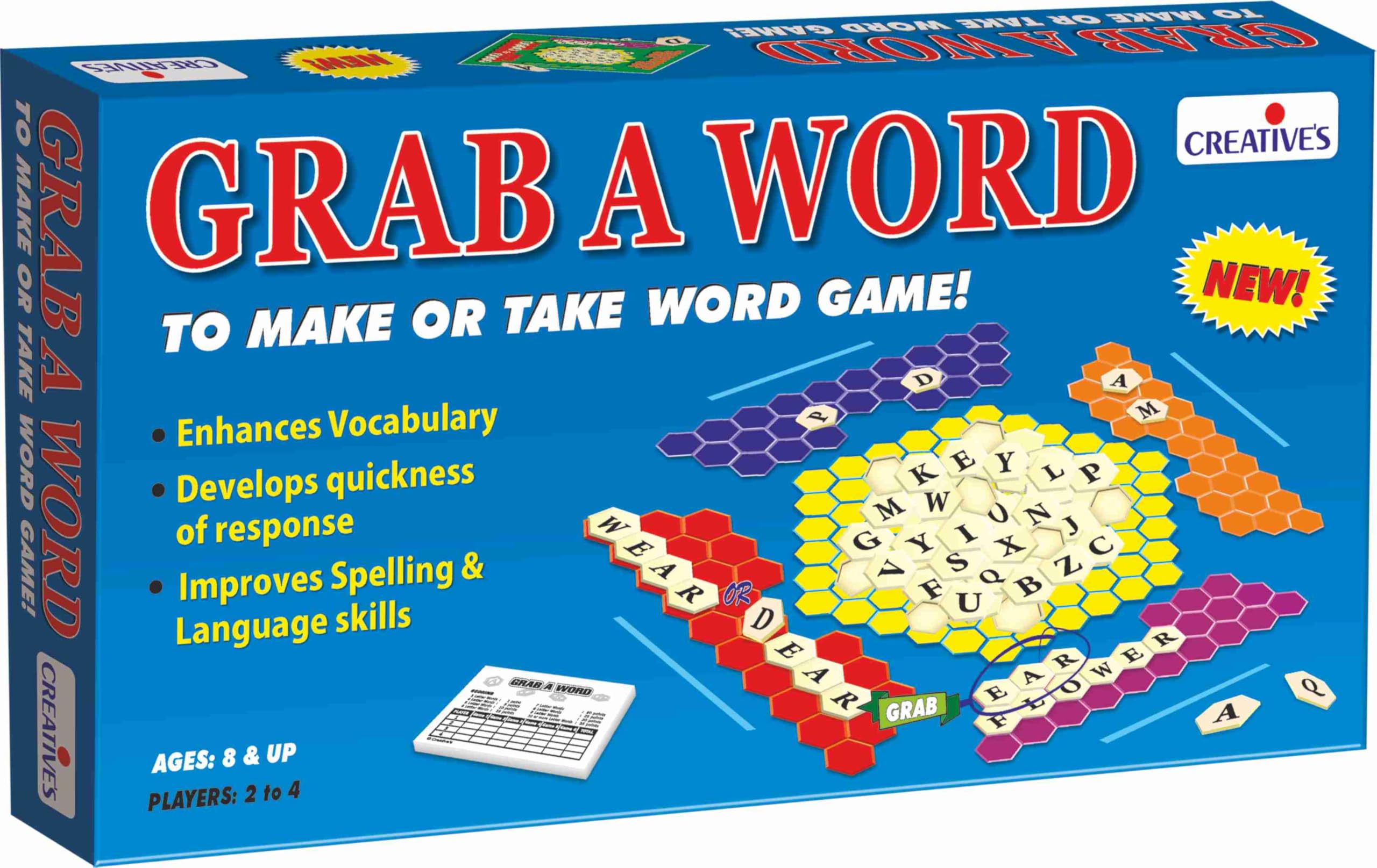 Creative's Grab a Word - Improve Spelling & Language Skills for Kids, Learning Board Game for Kids, Fun Board Game, Children to Build Scoring Words, 100 Play Tiles, Gift for Kids - Ages 8 & Up