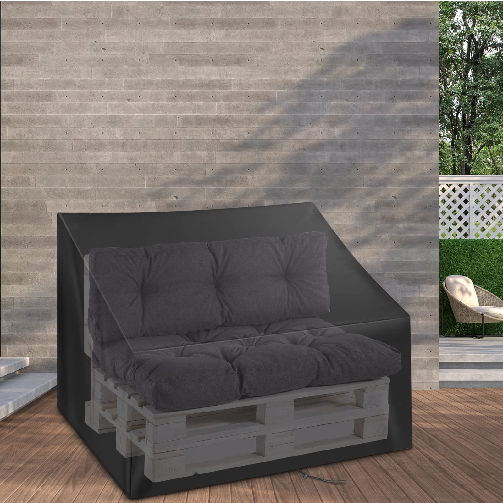 Palettenbank Abdeckung Wasserdicht, 420D Paletten-Sofabezug für Tiefe 2-Sitzer Palettenbank, Garten, Terrasse, Balkon (128x85x80cm), Schwarz