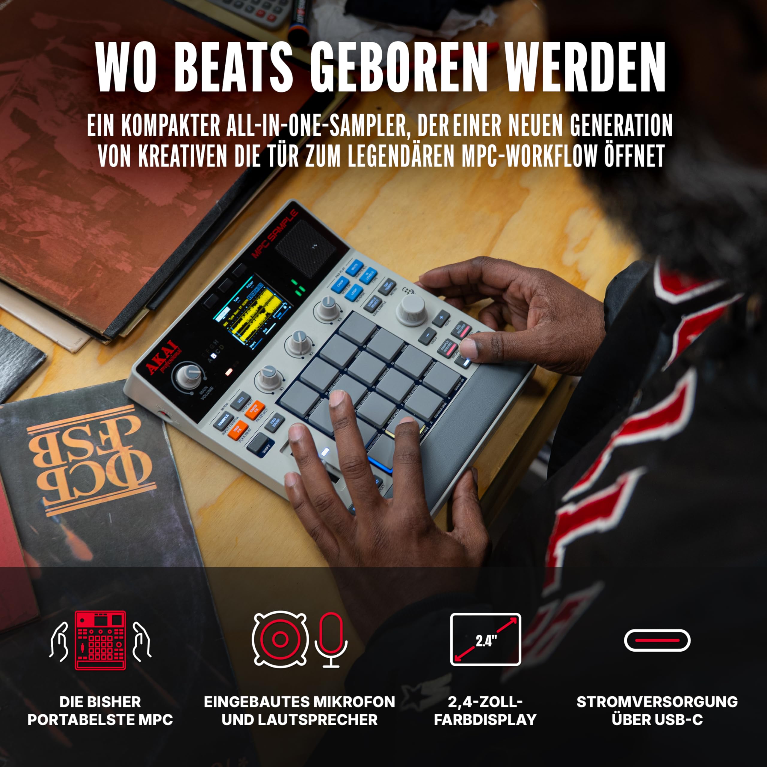 Akai Professional MPC Sample - Standalone Portable Sampler, Sequenzer und Effektprozessor mit Akku, USB-C, integriertem Lautsprecher und Mikrofon