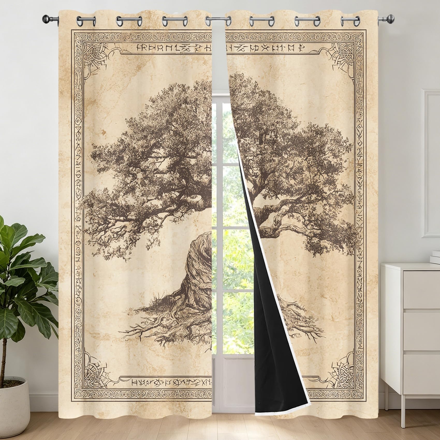 Generisch Wikinger Keltisch Vorhänge Blickdicht, Baum des Lebens Gardinen mit Ösen für Wohnzimmer Schlafzimmer, Thermovorhang Kälteschutz Fenster 2er Set H 183 x B 117 - Sd&K357