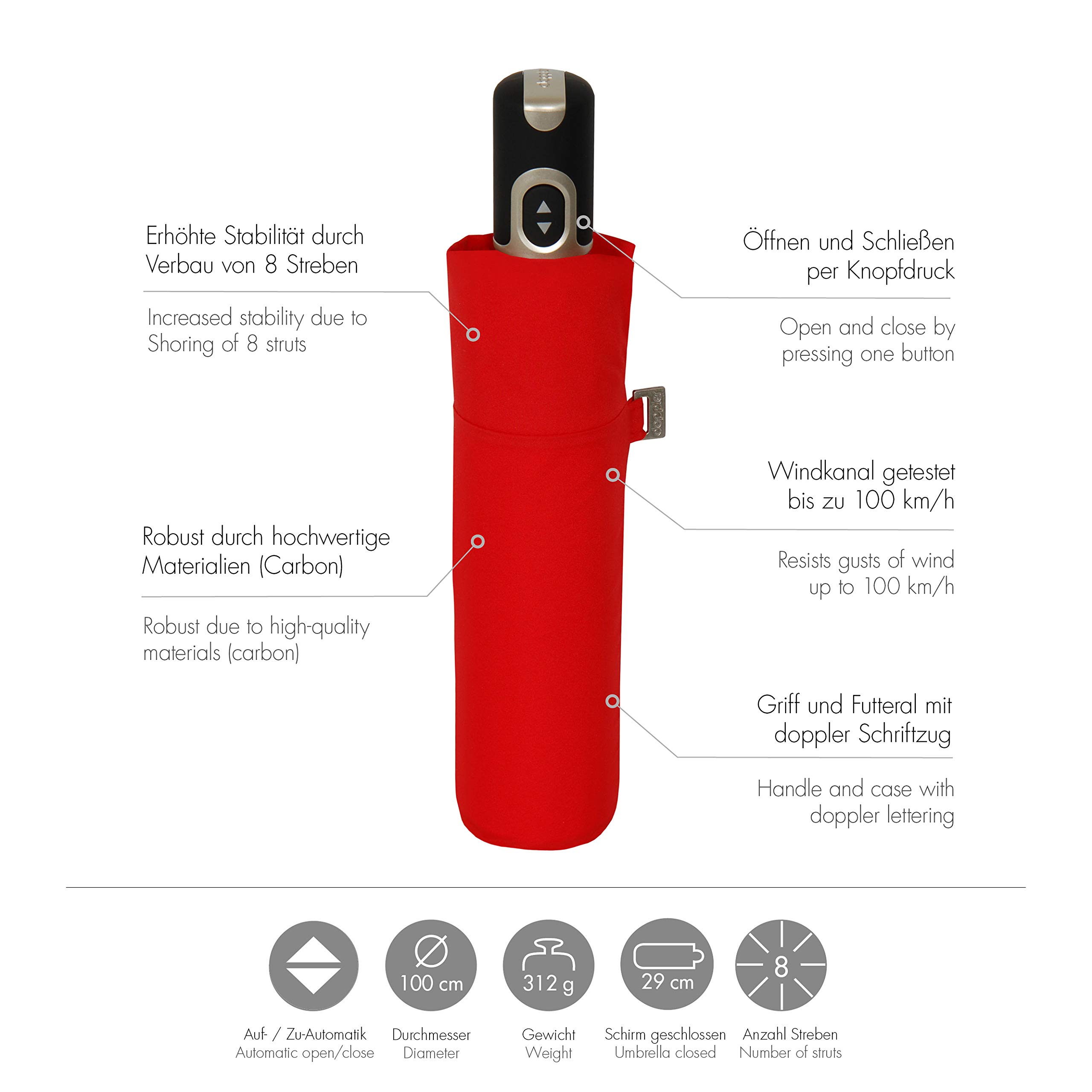 Doppler parapluie de poche Carbonsteel Magic Uni - Extrêmement stable - Ouverture et fermeture automatique - Rouge