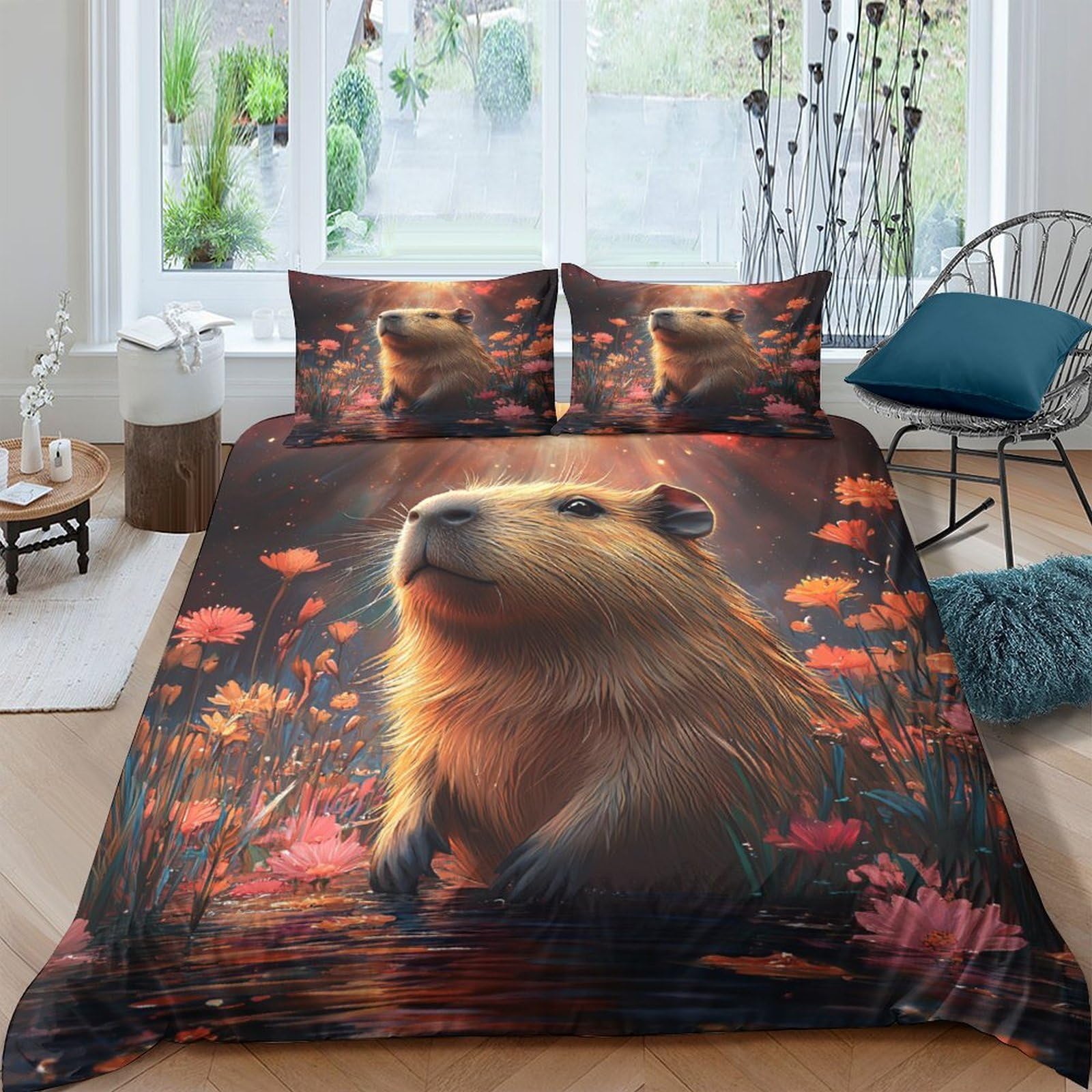 Ctjqhvkz Style-10 3D Printed Capybara Nature Fitted Sheet Microfiber Soft Breathable Water Meadow Bed Cover For Bedroom Dorm Mattress Protector Decor Single（135X200cm）