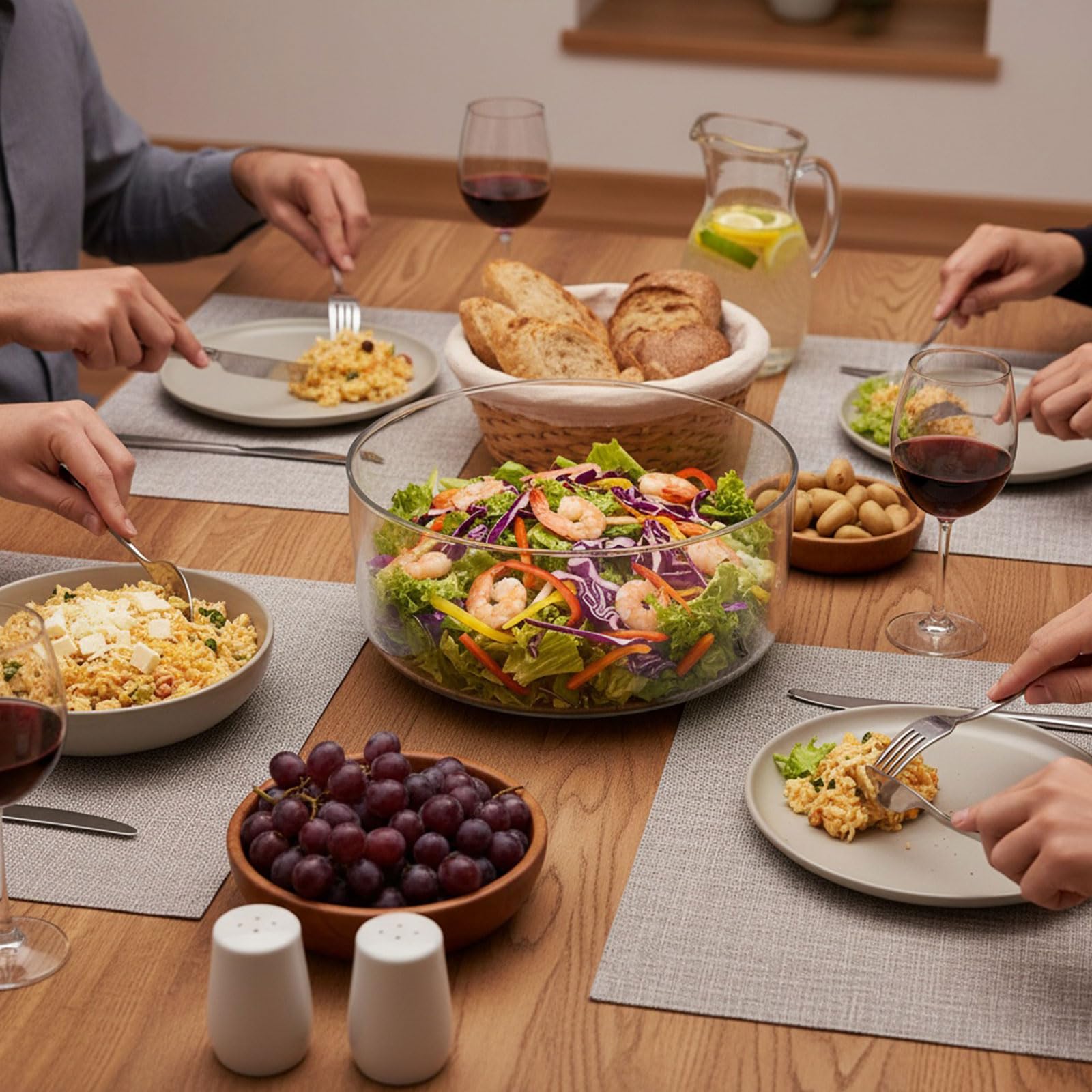 4200ML Ensemble de Saladiers en Verre avec Base en Bois D'acacia, Élégant Bols de Fête Grande Capacité avec Ustensiles de Service à Salade Plat de Service Polyvalent pour Salades Fruits Desser