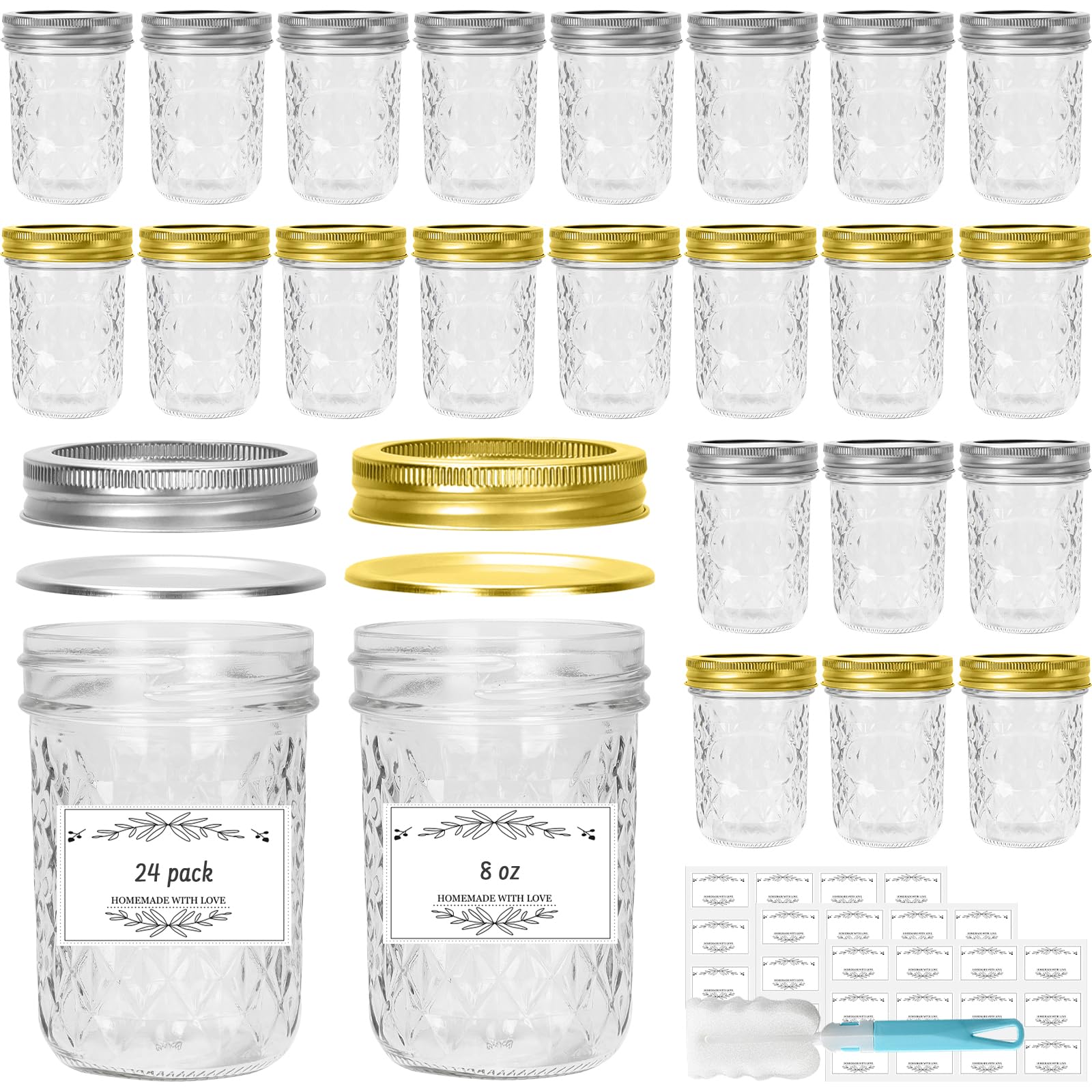 Einmachgläser aus Glas, 237 ml, normale Öffnung, mit silbernen und goldenen Aluminiumdeckeln und Bändern, luftdichte Marmeladengläser für Lebensmittelaufbewahrung, Einlegen, Gären, Honig,