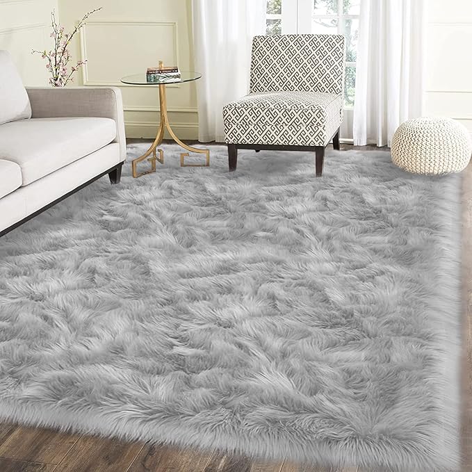 Latepis Washable Rugs 5x7 Grey Faux Fur Rugs for Living Room Soft Shag Rug for