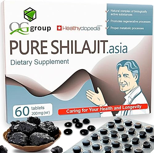 Natural Pure Shilajit - Tabletas analógicas de resina cruda Mumiyo Dry Drops 60 tabletas  200 mg 100% suplemento del Himalaya con más de 85