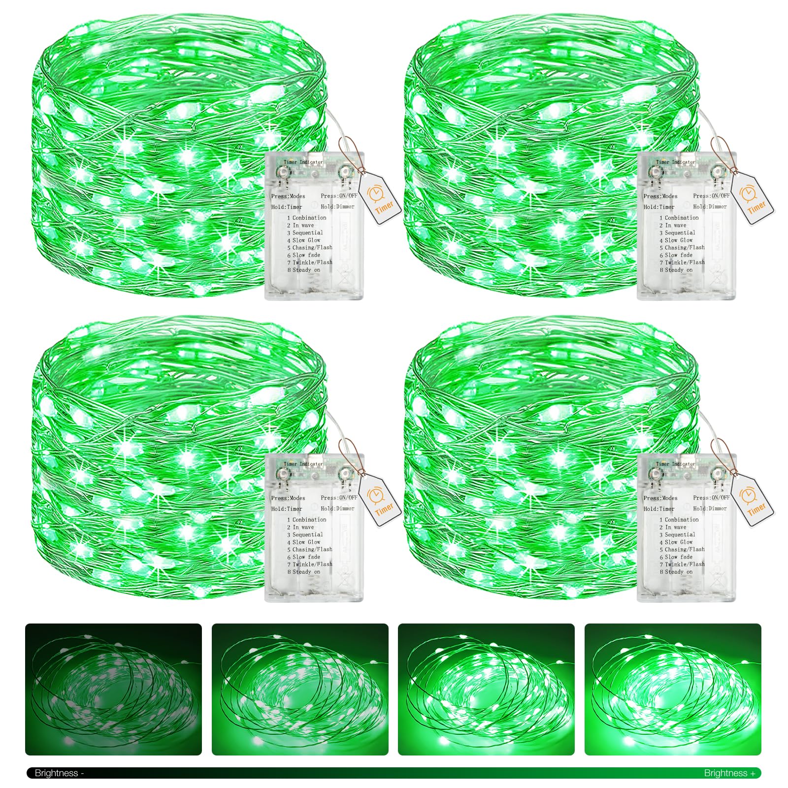 btfarm 4 Pack St Patrick’s Day Green Fairy Lights Battery Operated with Timer, 16FT 50 LED Silver Wire Twinkle String Lights 8 Modes Dimmable Waterproof for Christmas Bedroom Party Decorations, Green