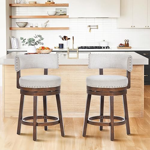 COLAMY Swivel Bar Stool Set of 2, Modern Swivel Barstool with Back, Counter Height Bar Stools, 25 Inch Upholstered Wood Barstool for Kitchen Island Dining Room Bar, Beige