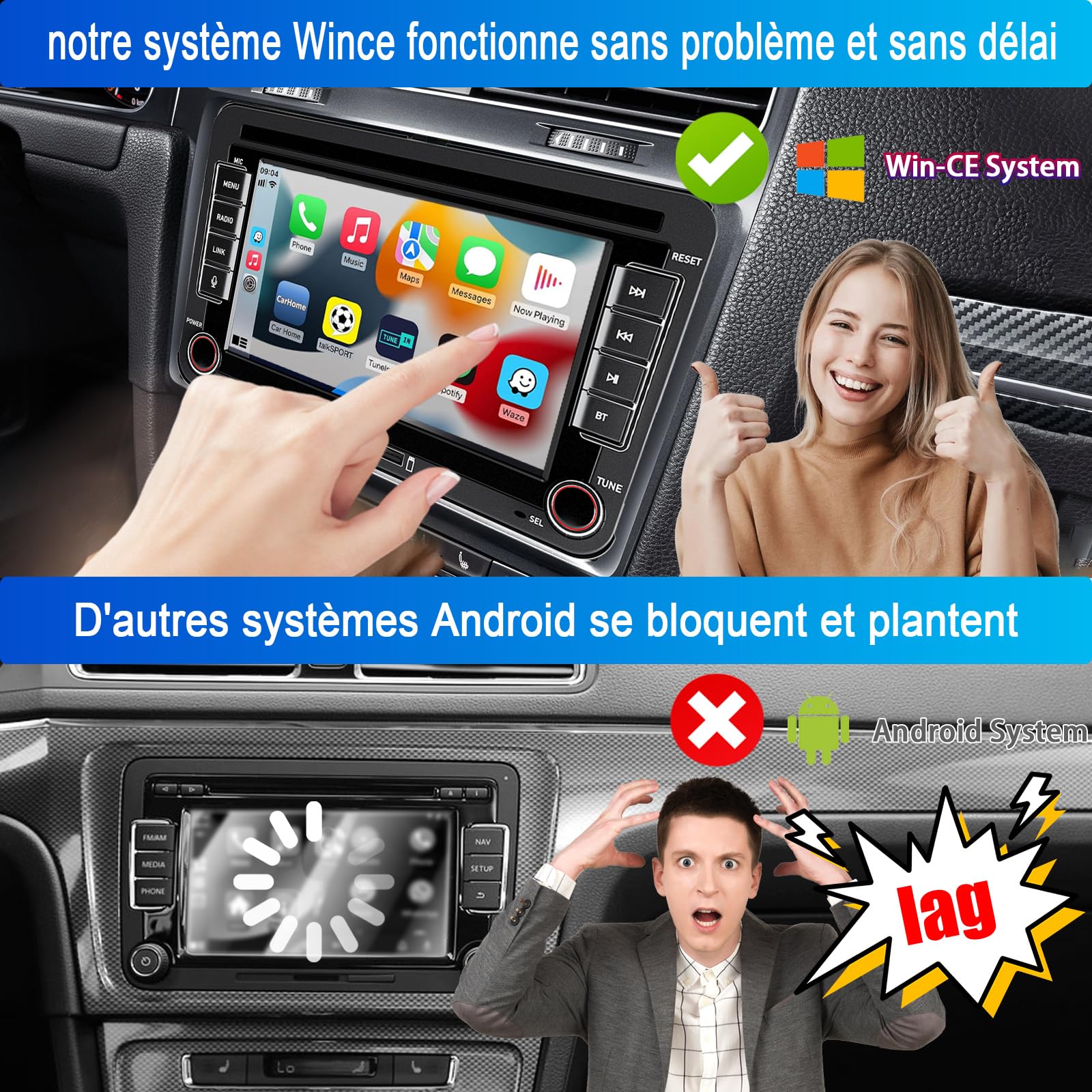 CarPlay Autoradio pour VW Golf 5 6 Passat Jetta Caddy Polo CC Tiguan EOS Touran T5 Skoda, 7 Pouces sans Fil Carplay & Android Auto, Puissance élevée/Bluetooth/FM/AM Radio/USB/DSP/RDS/SWC
