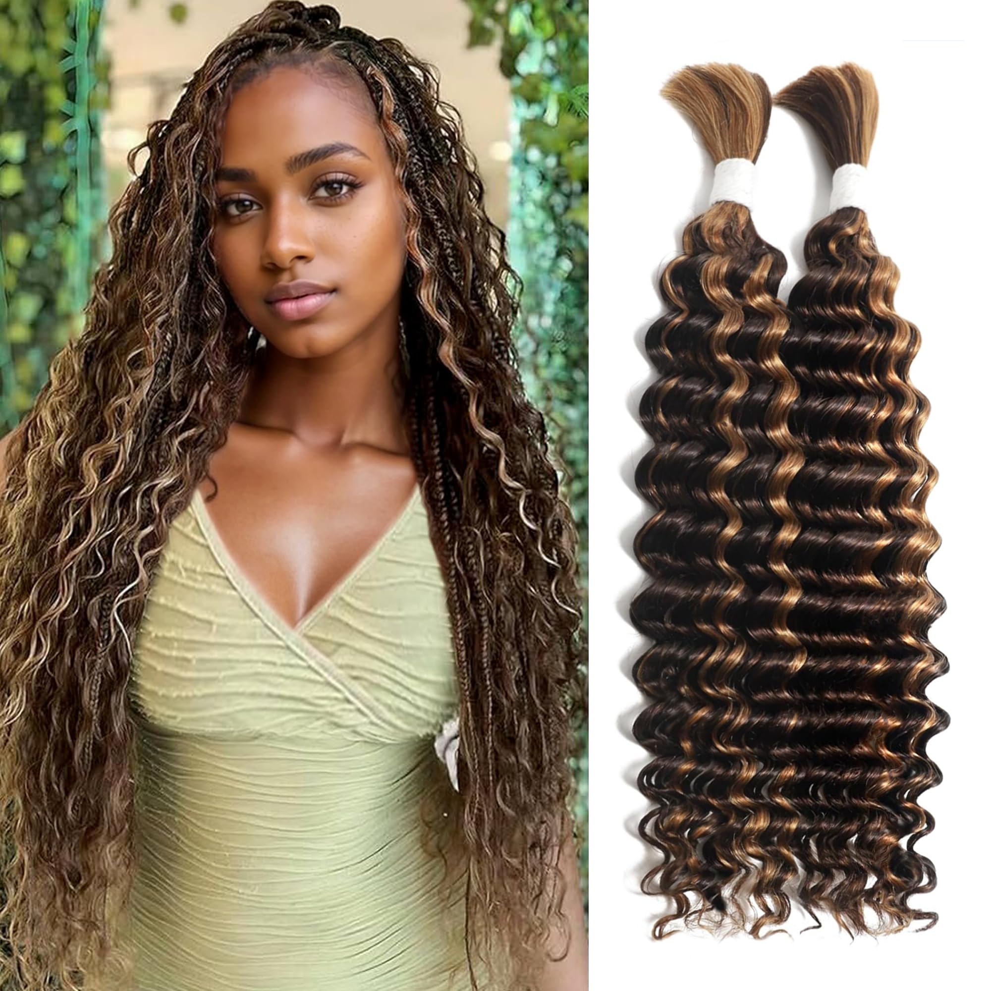VRbeatter Deep Wave Bulk Human Hair for Braiding 10A Brazilian Curly Human Hair 100% Human Hair 2 Bundles No Weft micro Human Braiding Hair for Boho Braids Virgin Hair Extension(P4-30#
