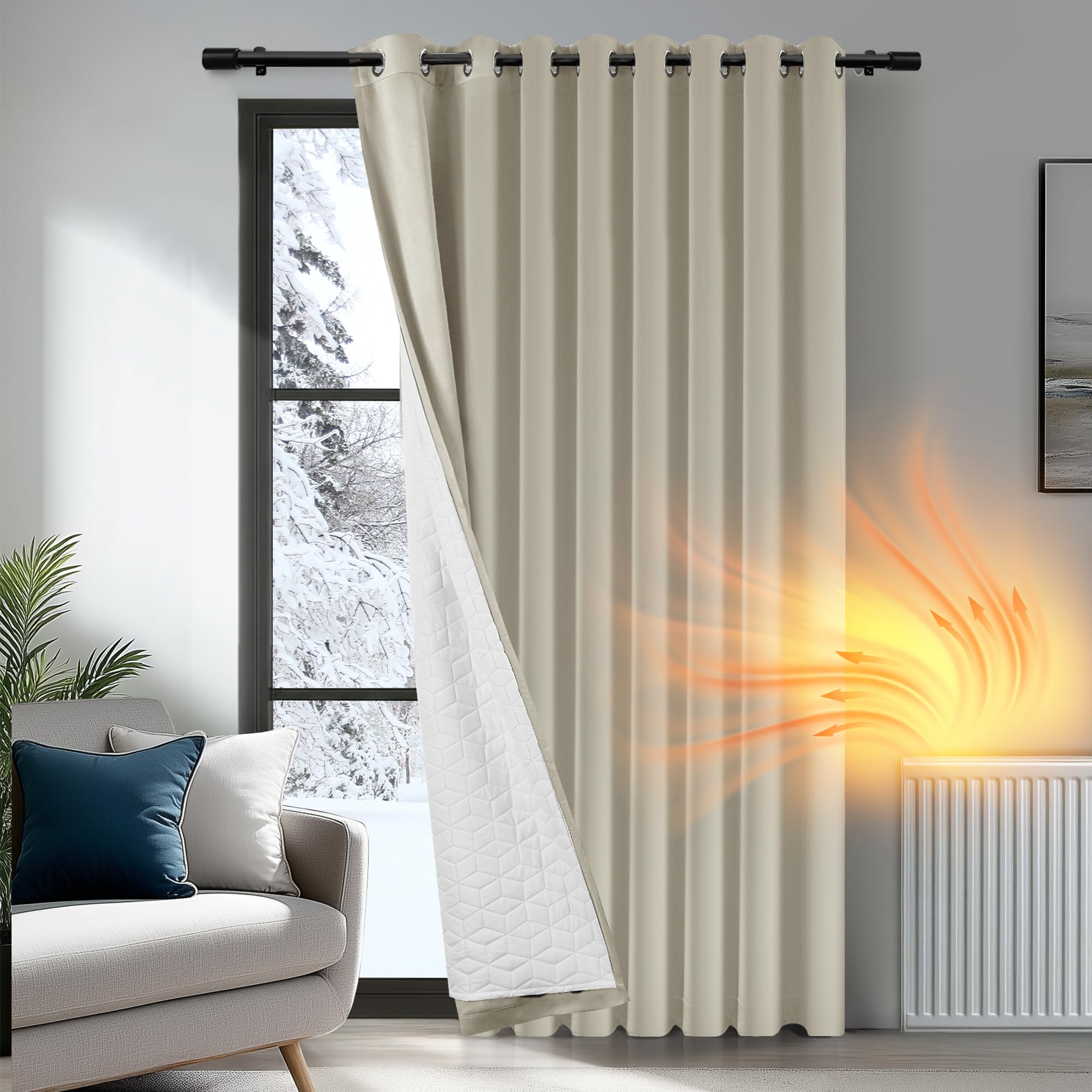 Deconovo Thermal Curtains for Winter, Energy Saving Extra Wide Door Panel with Thick Microfiber Lining, Windproof Soundproof Blackout Curtains for Bedroom, W 110" x L 96", Light Beige, 1 Panel