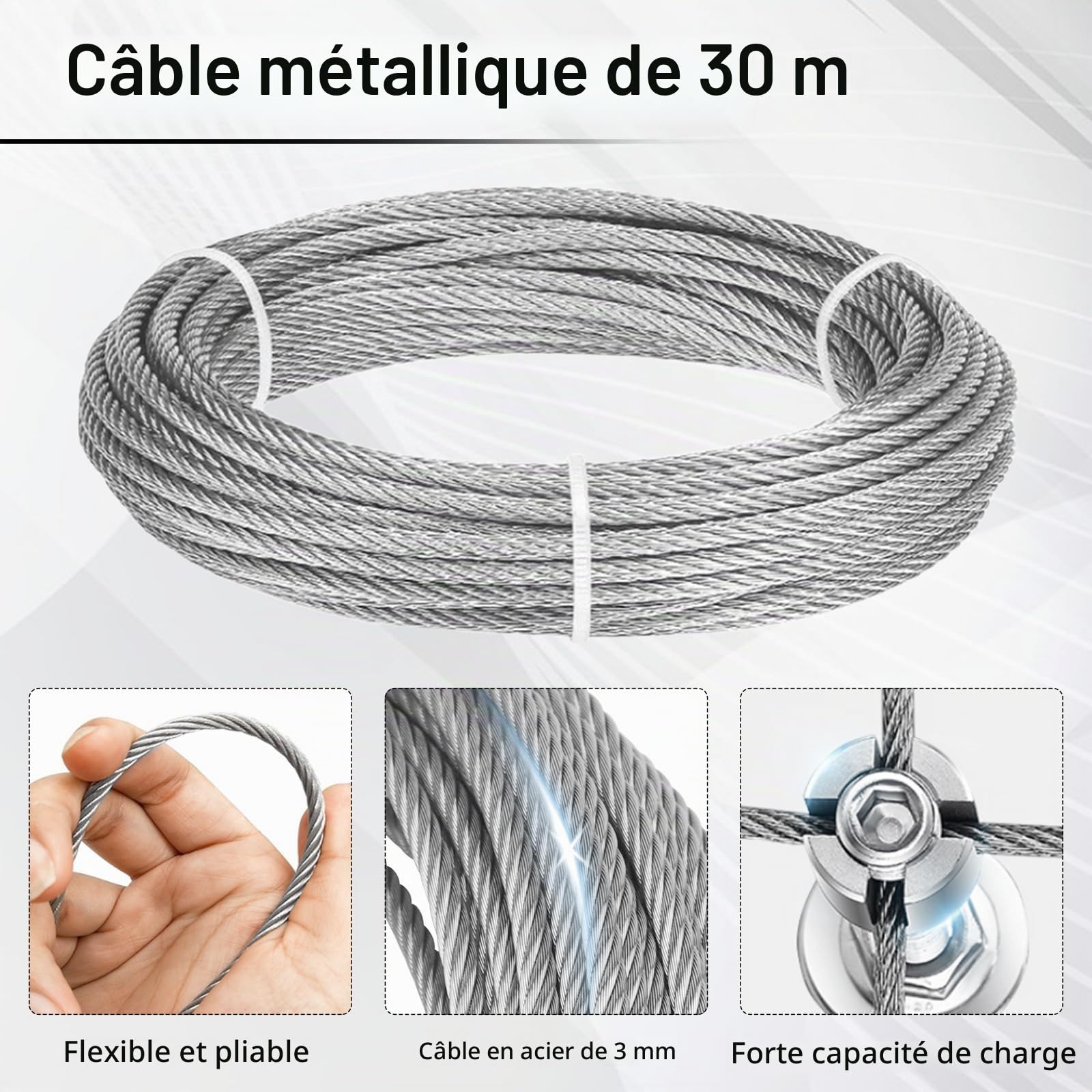 30M Tuteur pour Plantes Grimpantes, Câble en Acier Inoxydable T316 SUS 3mm, Kit Complet avec Coupe-Fil, Gants Résistants à l’Abrasion et Accessoires de Treillis pour vignes et Fleurs
