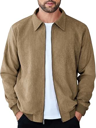 COOFANDY Men's Faux Suede Bomber Jacket – Lightweight Vintage Style Zip Up Casual Jacket