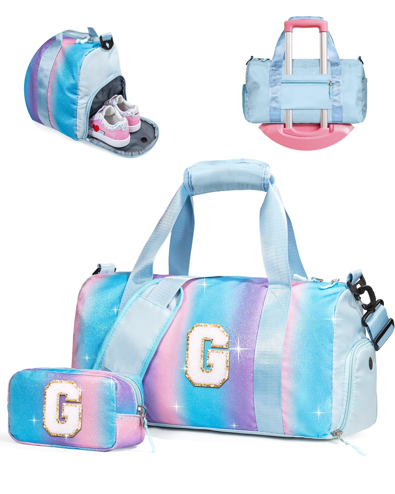 Vogewood Gifts for 4 5 6 7 8 9 10 Year Old Girls-Girl Gym Bag with Shoe Compartment, Kid Personalized Weekender Overnight Bags, Initial Travel Tote