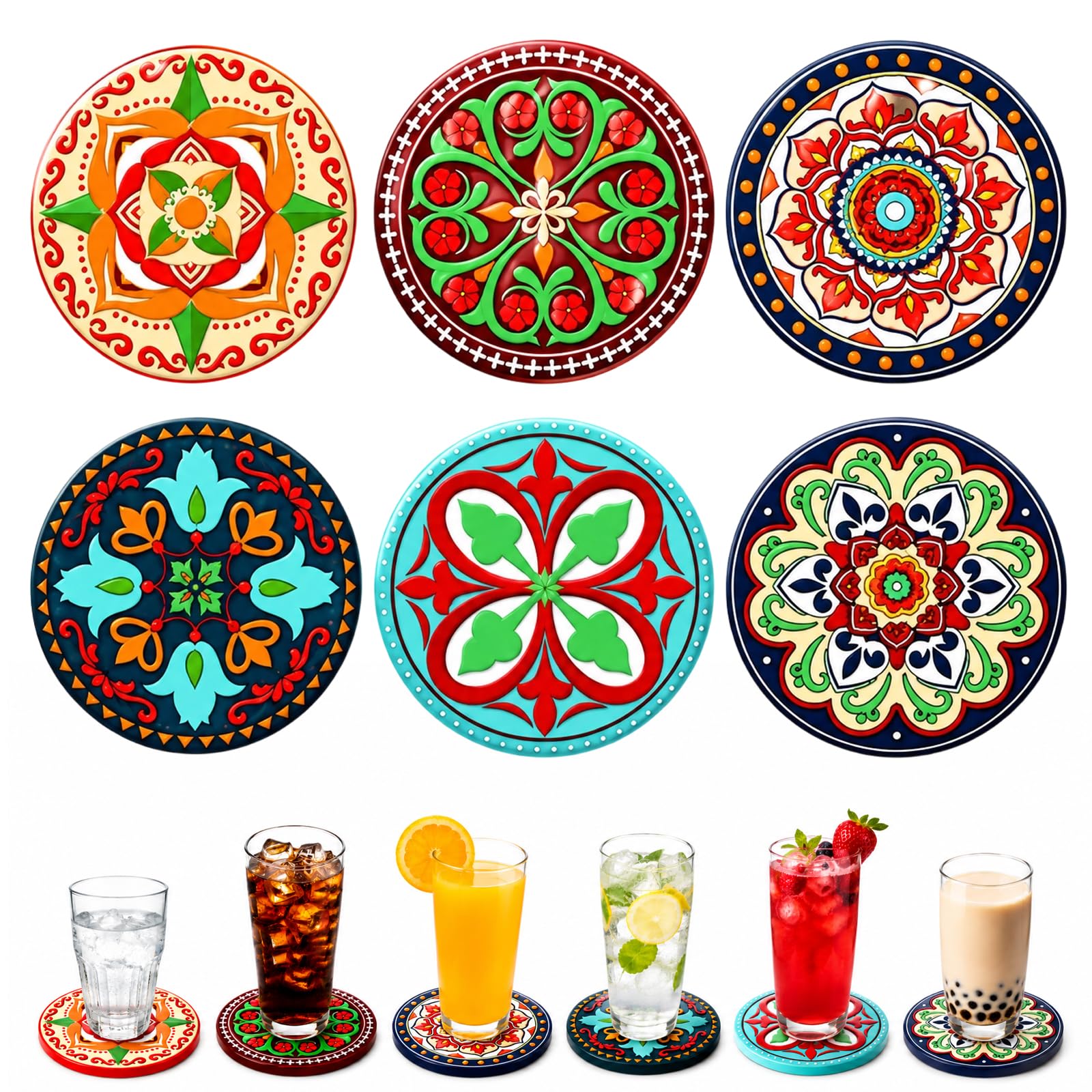 6 Pieces Silicone Drink Coasters, Vintage Silicone Cup Mats with Decorative Patterns, Non-Slip Design for Daily Table Protection, Reusable Drink Coasters for Hot and Cold Beverages