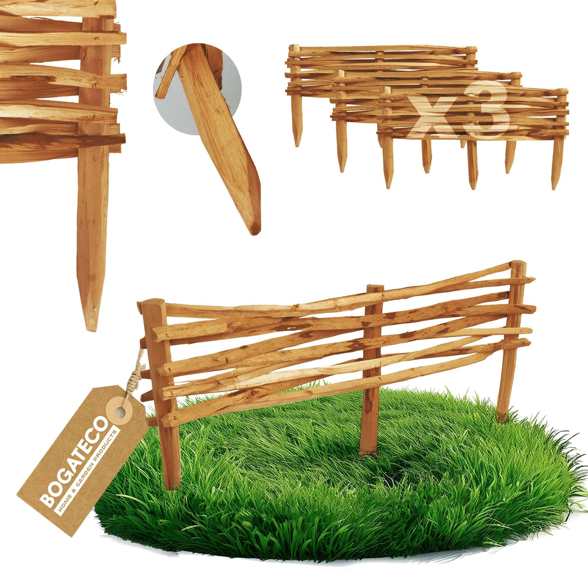 BOGATECO 3 vallas de jardín de madera de avellano, 90 cm x 20 cm, borde de césped, valla de madera, valla de estacas, valla de estacas, cercas para arriates, valla de inserción, perfecta como borde de