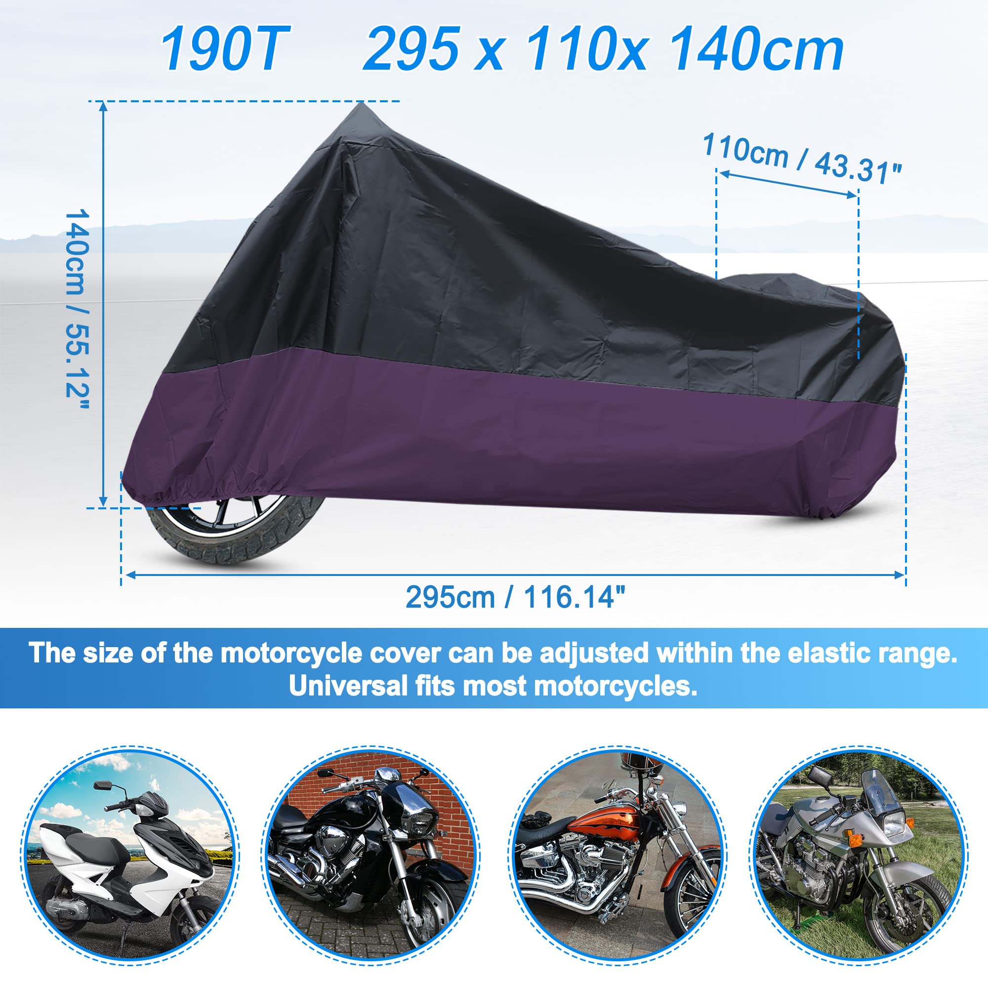 uxcell 190T - Funda para moto impermeable para exterior, funda de lluvia para moto, negra y morada, XXXL.