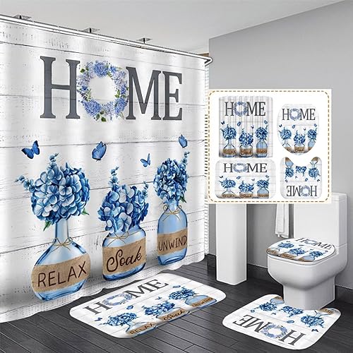 Juego de 4 cortinas de ducha de hortensias azules con alfombras, decoración del hogar, juego de baño con cortina de ducha y alfombras y accesorios,