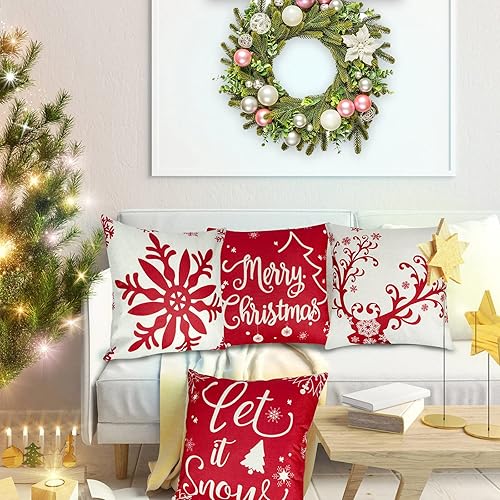 Miniatura 4 de 4 fundas de almohada de Navidad para exteriores, fundas de almohada de Navidad rojas, copos de nieve, Feliz Navidad, ciervos, nieve, Navidad, fundas