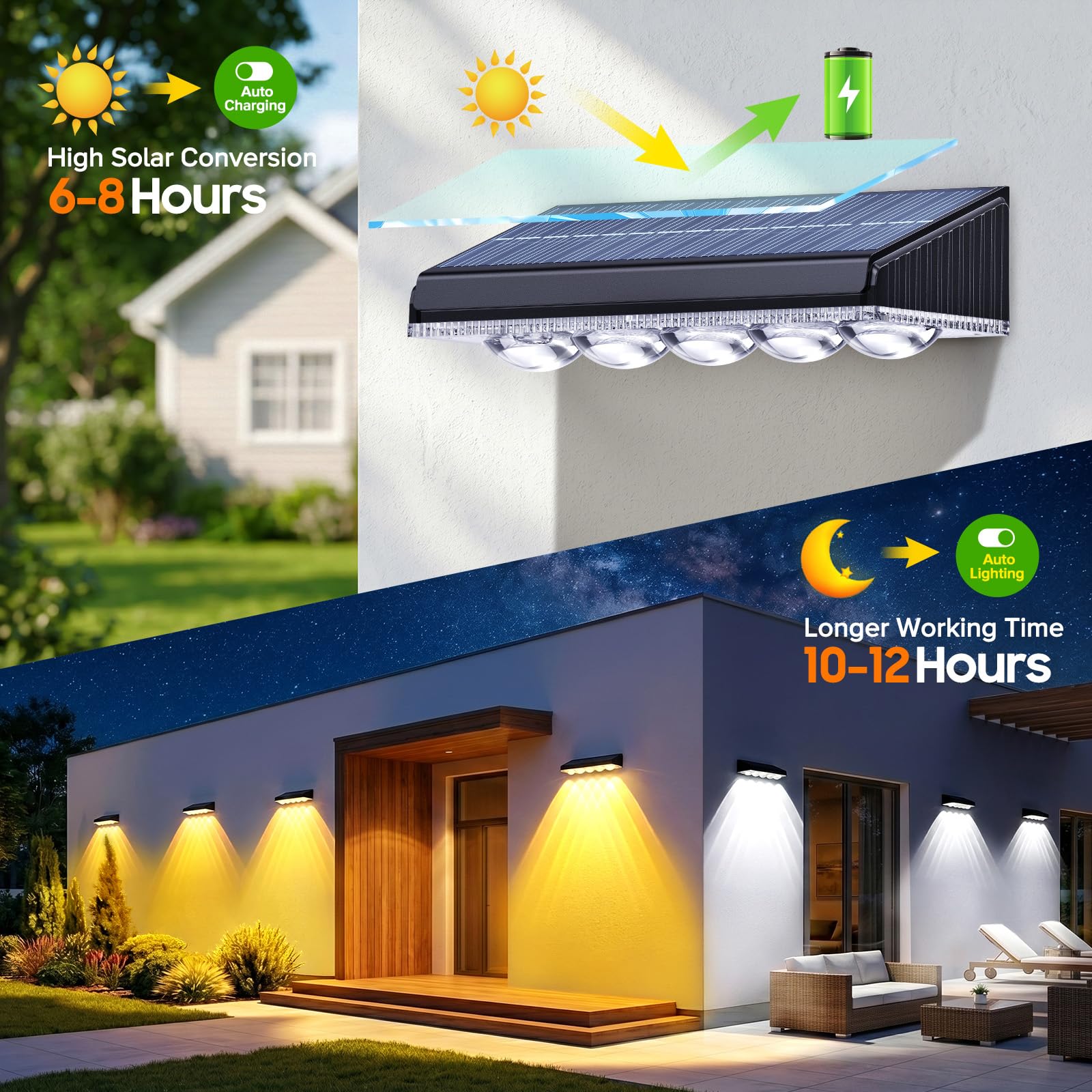 GEARLITE Lámpara de pared solar para exteriores, 6 unidades de lámparas solares para exterior jardín, IP65, resistente al agua, 5 luces LED brillantes solares para exteriores, pared, vallas, balcón