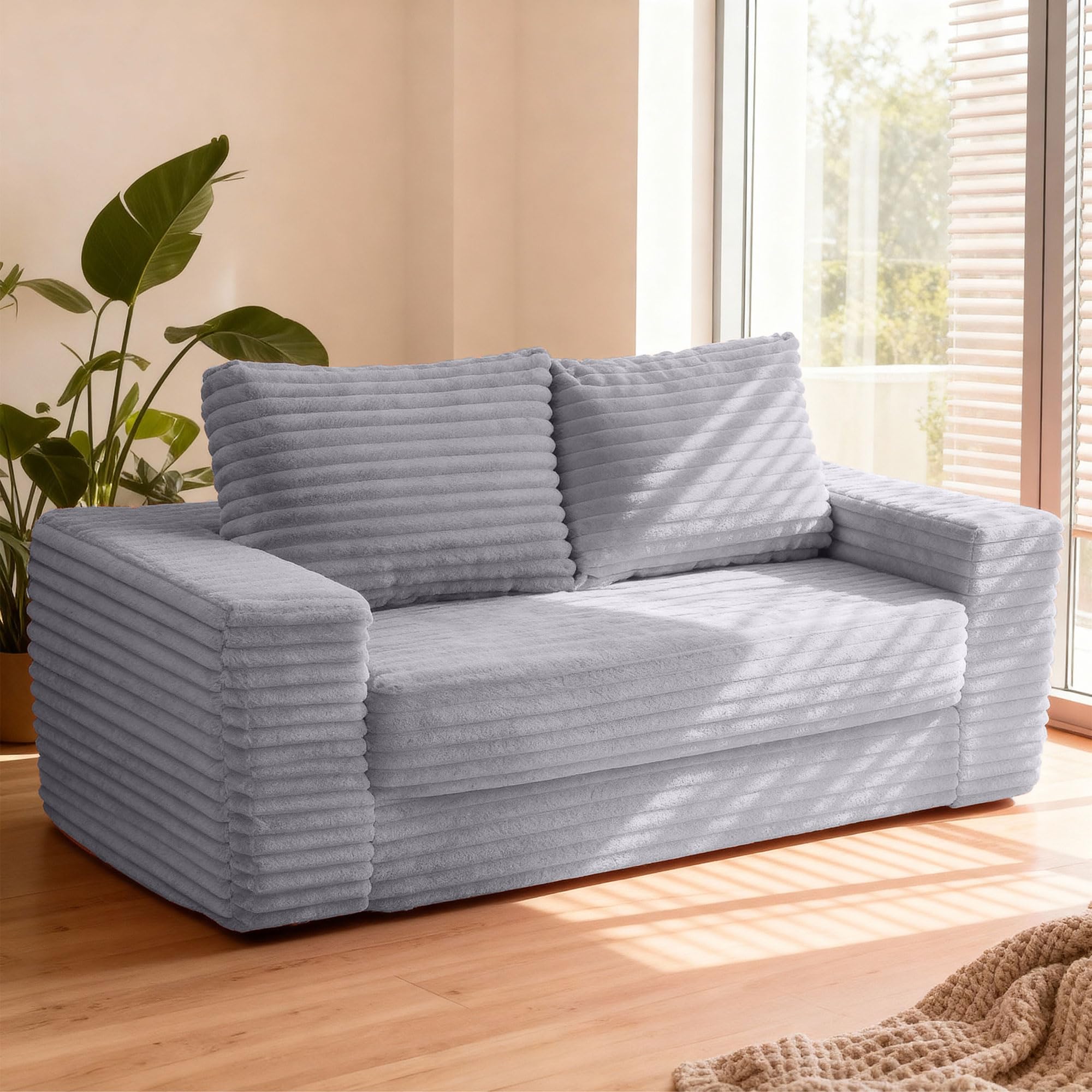HABUTWAY 62" Boneless Couch,3-in-1 Convertible Folding Sofa Bed,Light Grey