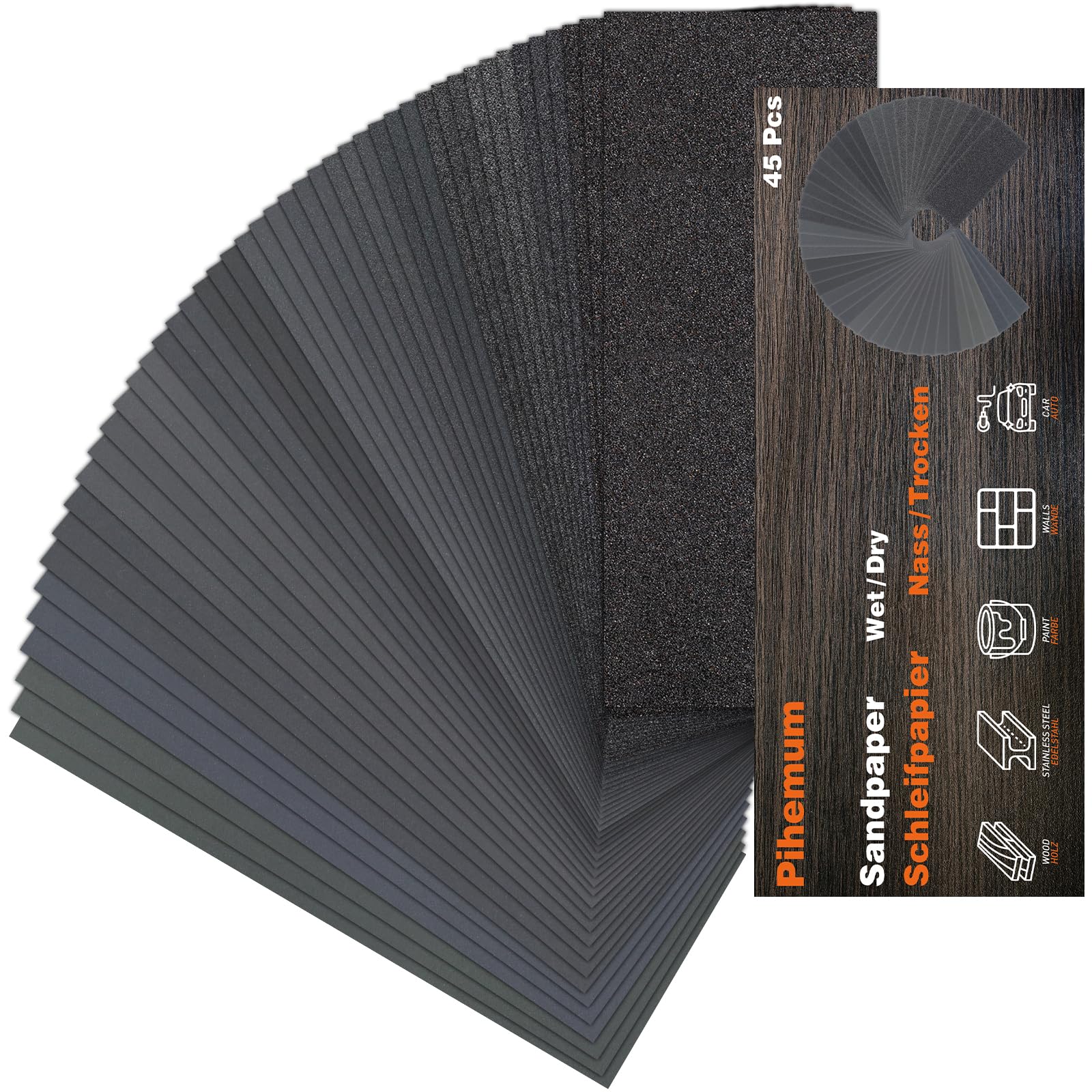 45 Pcs Sandpaper 80-5000 Grit Wet and Dry Sandpaper Sheets, 9 x 3.6 Inch Sand Paper Pack for Wood Furniture, Walls, Metal, Automotive Polishing & Finishing