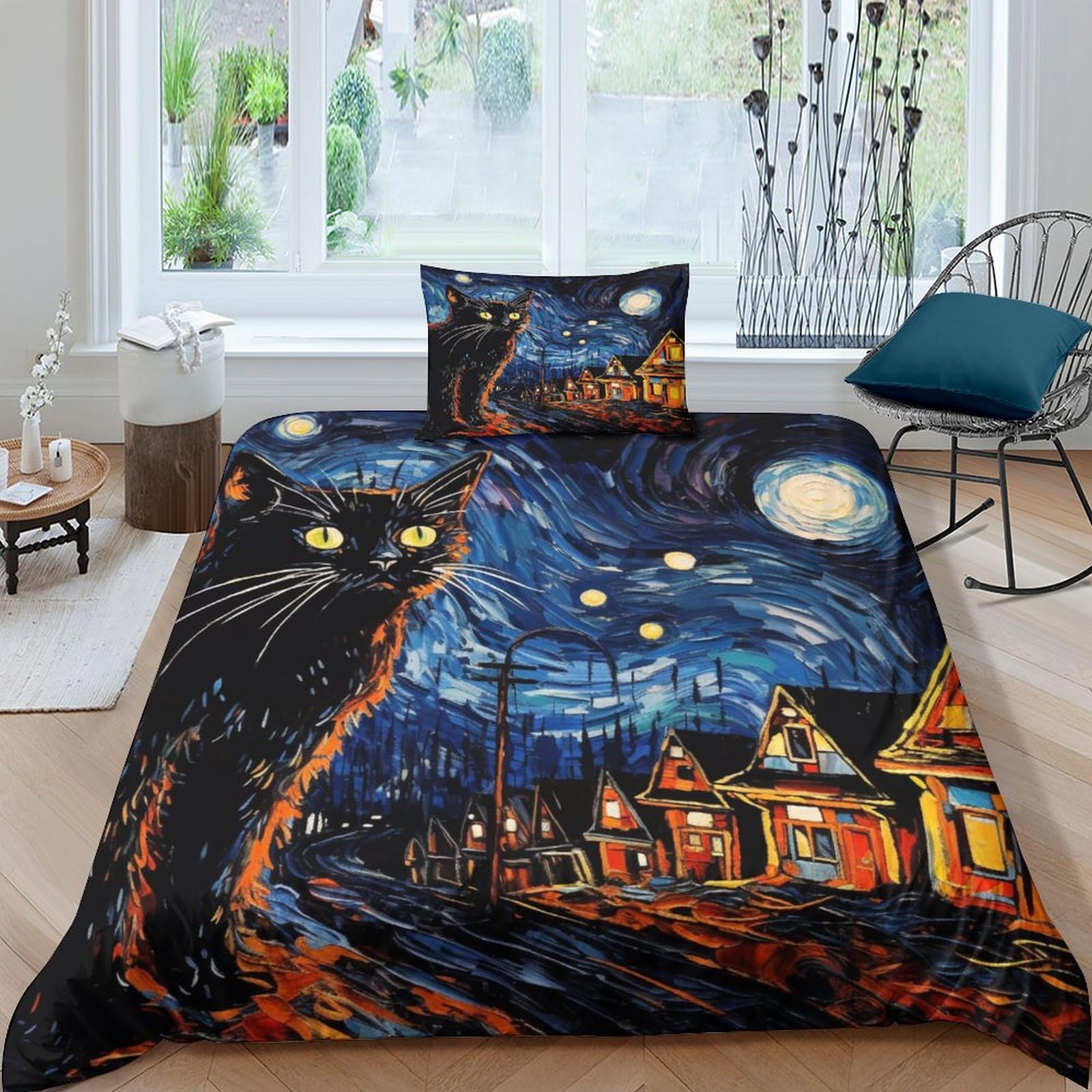 Housse de couette chat 3D zipp&eacute;e anti-froissement lit single 3 pces