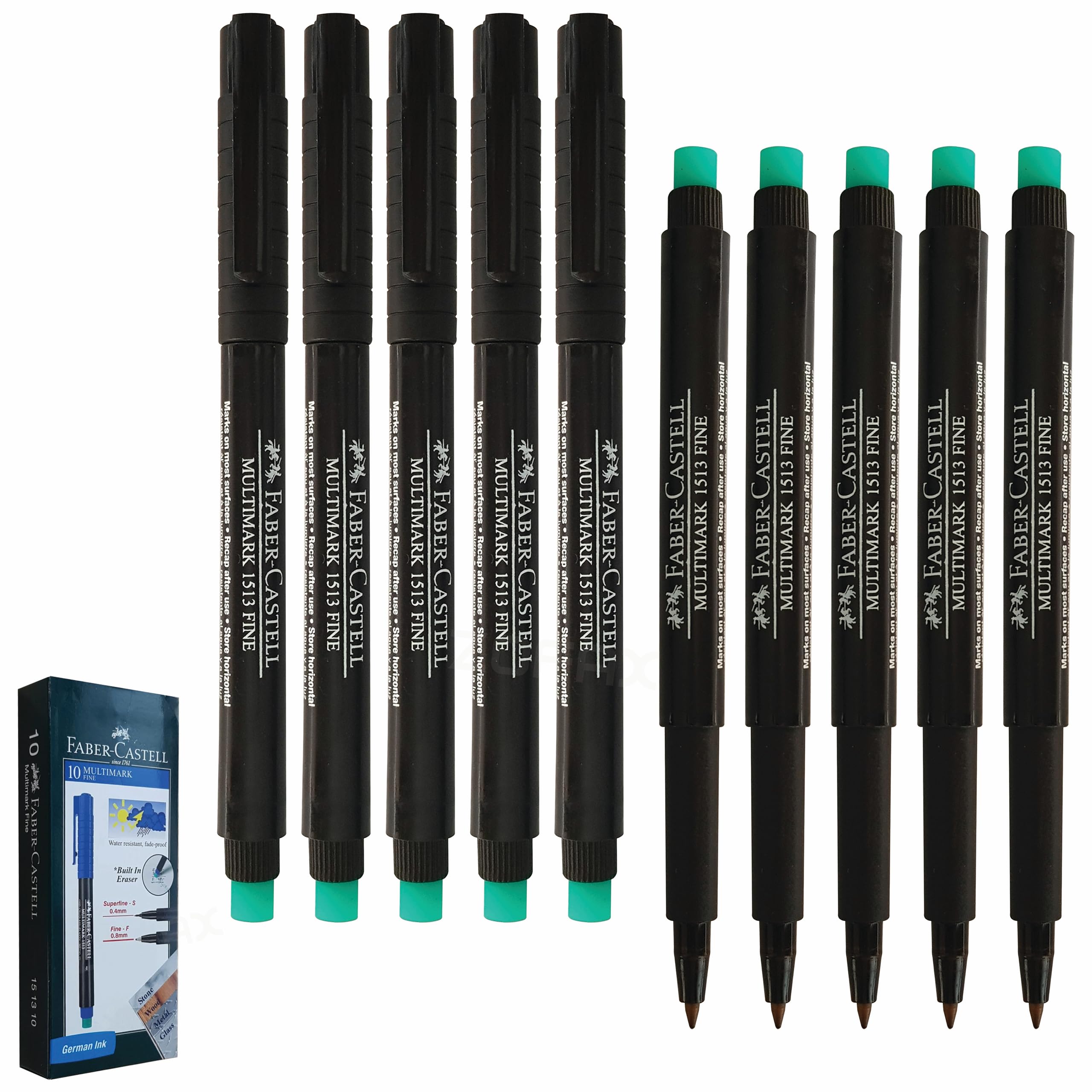 Faber-Castell Multimark (F) Permanent Marker Pens, BLACK, Fine Point (0.8mm), Pack of 10, Built In Eraser, Water n Fade Resistant, Marks on Most Surfaces