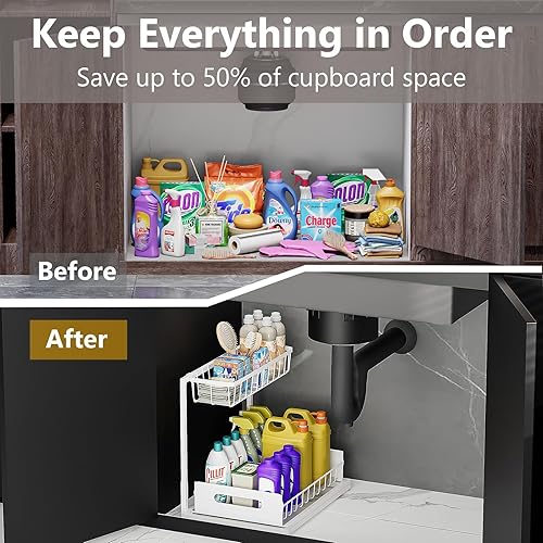 Miniatura 3 de Organizadores y almacenamiento para debajo del fregadero de 2 niveles, organizador de gabinete de cocina deslizante resistente de metal para