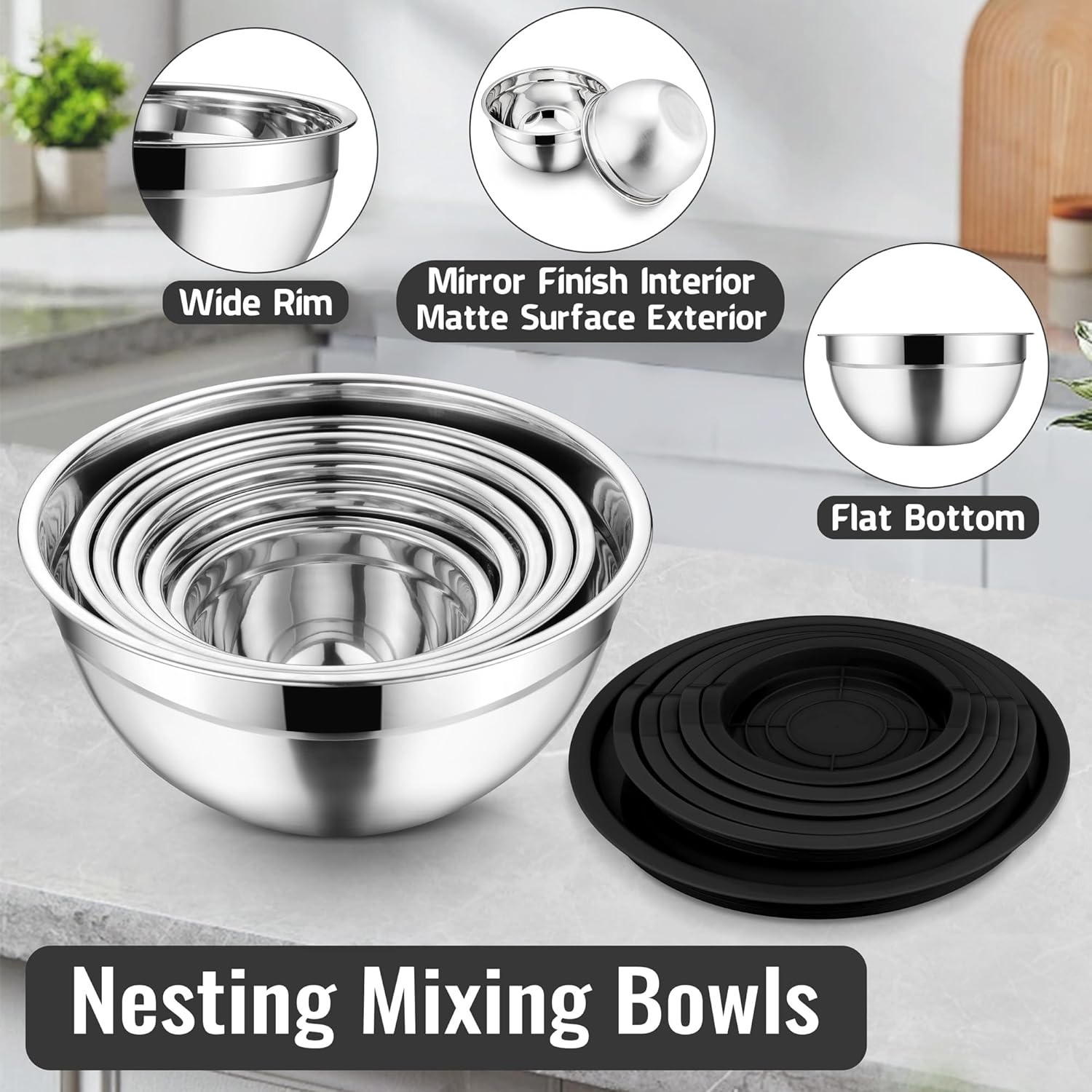 Mixing Bowls with Lids Set of 9, Vesteel Stainless Steel Mixing Bowls Metal Nesting Salad Bowls Attach with 3 Graters for Kitchen Grating/Shredding, Size 4.6, 2.6, 2, 1.5, 1, 0.7 QT - Black