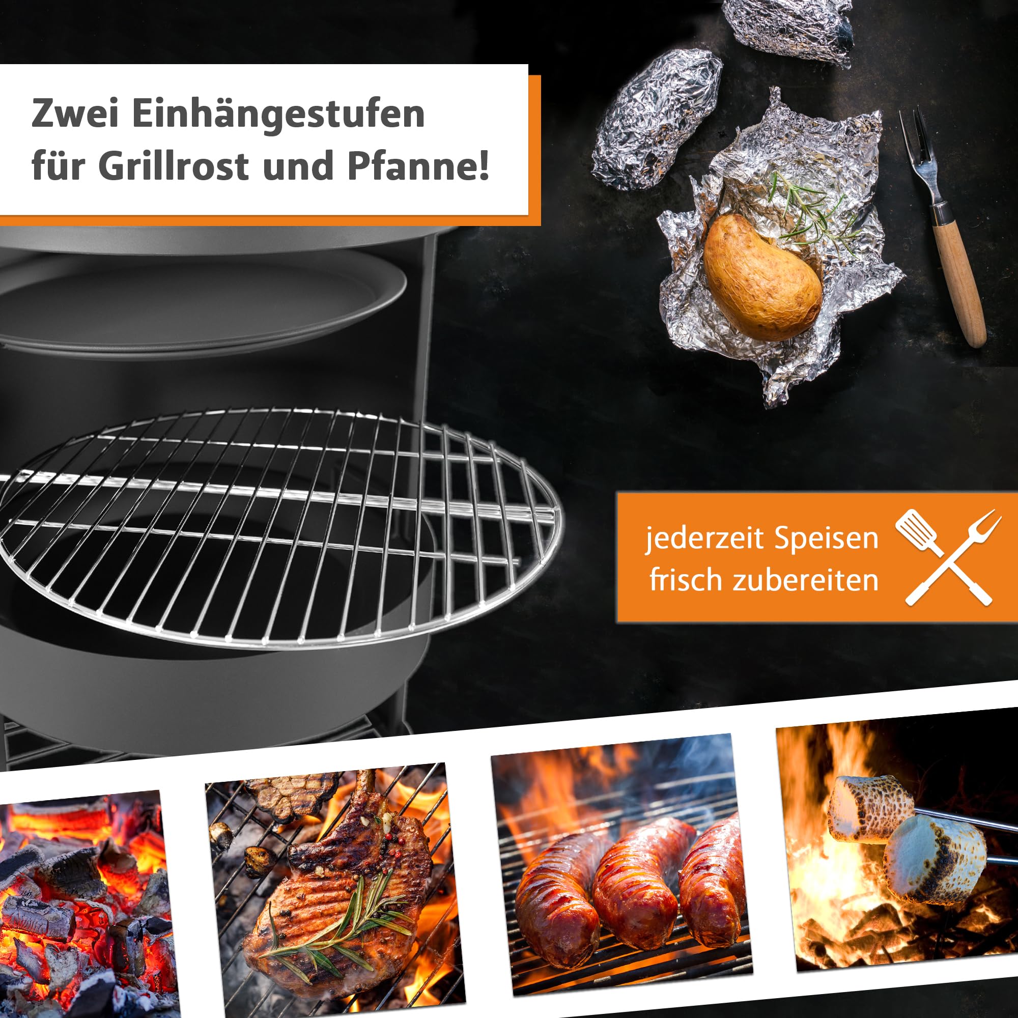 NATIV Cheminée de jardin avec grille de cuisson et poêle, orientable, grille de protection contre les étincelles, noir