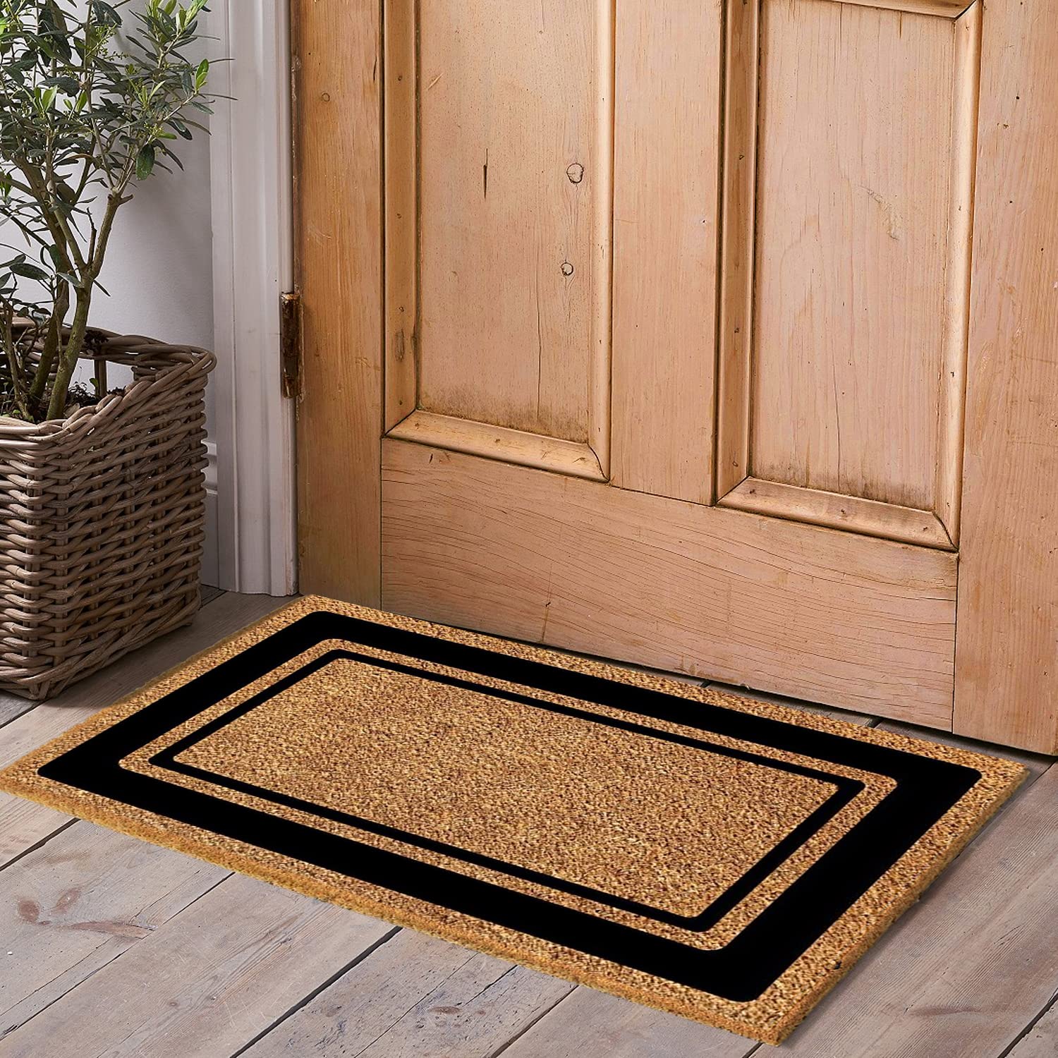 Onlymat Heavy-Duty Coir Rectangular Shape Doormat for Indoor and Covered Entrances, Weather Resistant with Anti Skid Vinyl Backing, Brown Decorative Entryway Rug with Black Borders, 90cm X 50cm