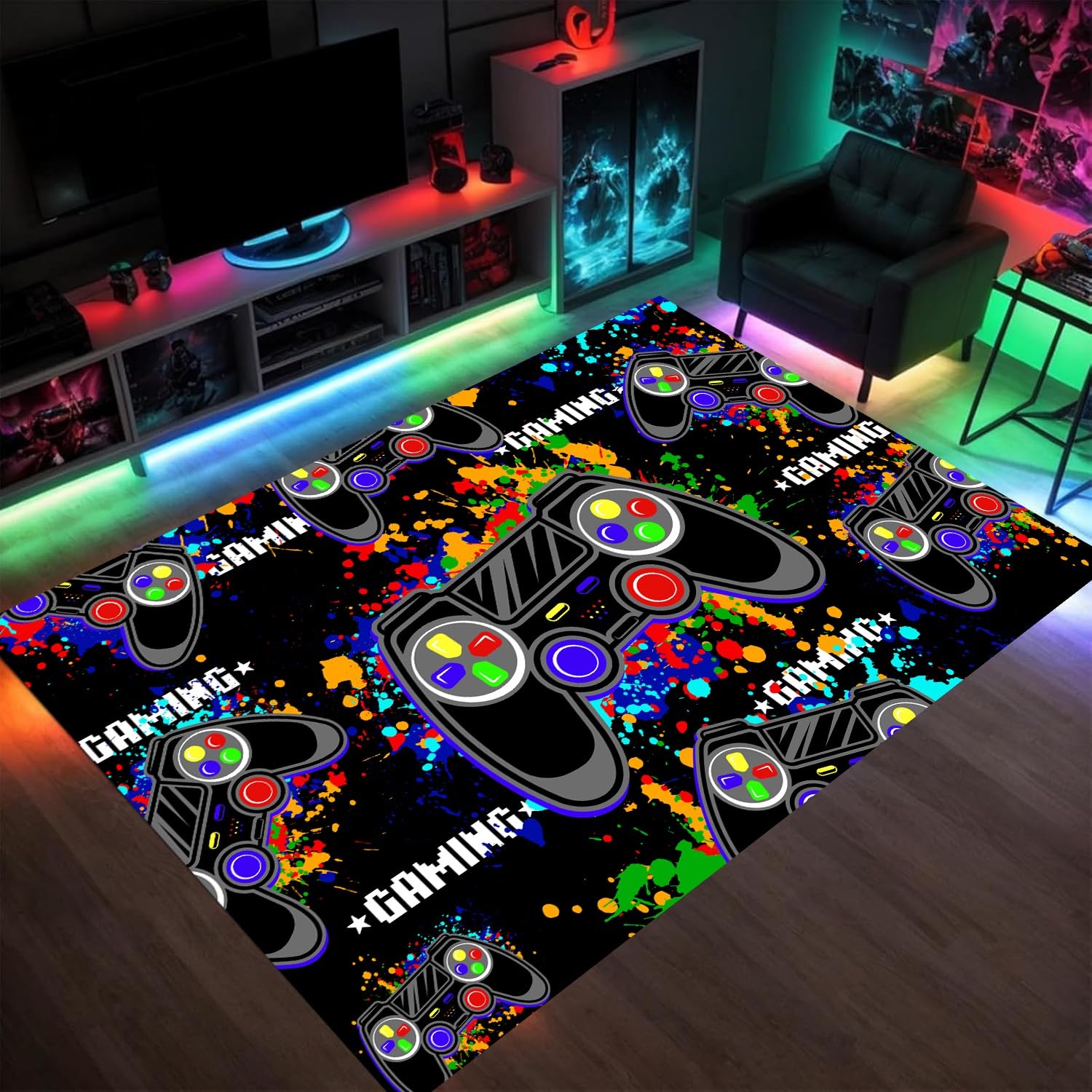 HONGXIU 180x230cm Gaming Rug, Gamer Rug for Boys Room, Gamepad Controller Area Rugs, Colorful Game Controller Rugs, Modern Carpets, Low Pile Non-Slip Washable Carpet
