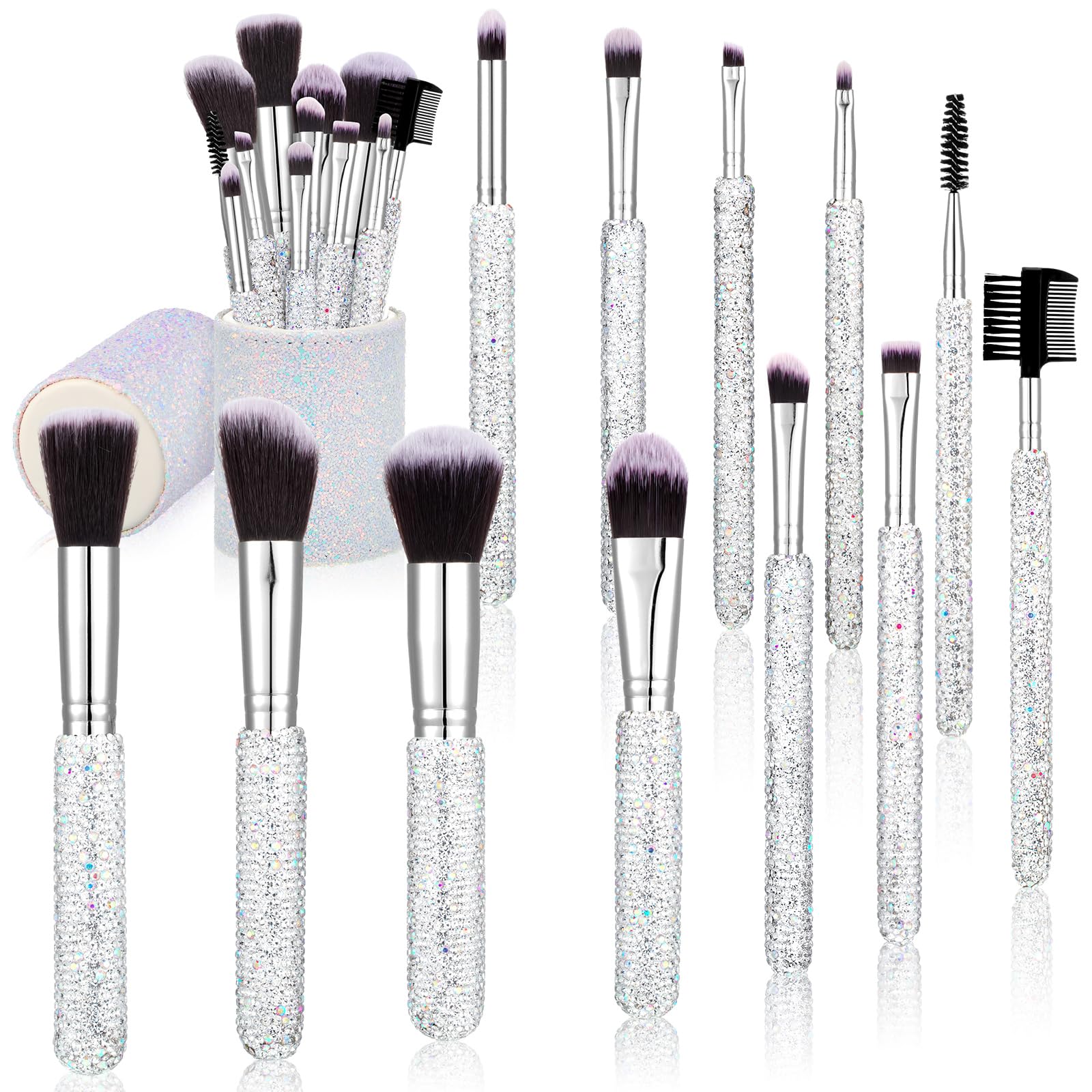 13 Pcs Rhinestone Makeup Brushes Set 12 Bling Crystal Professional Face Cosmetics Blending Liquid Foundation Powder Concealer Eye Shadows Make up Beauty Tool Glitter with 1 Holder